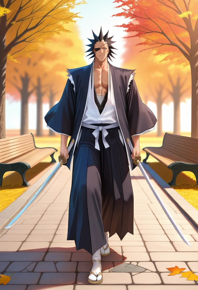 masterpiece, best quality, intricate details, (3d:0.4), looking at viewer, , 1boy, solo, male focus, <lora:kenpachi_zaraki_ilxl:0.98>, kenpachi_zaraki, black hair, black eyes, spiked hair, japanese clothes, eyepatch, sword, autumn park, fallen leaves, stone paths, park benches, walking pose, content expression, golden hour,