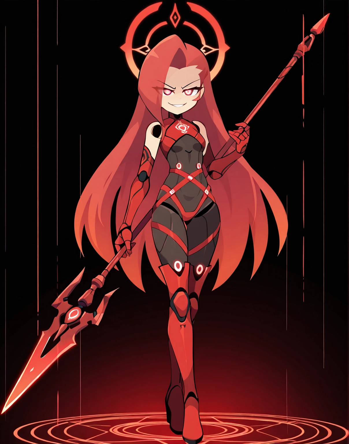 masterpiece, best quality, amazing quality, high resolution, absurdres, 1girl, solo,
cybernetic left eye glowing red, long flowing crimson hair with metal strands interwoven, ornate metal headpiece resembling a halo, revealing high-necked bodysuit with glowing circuitry patterns, detached sleeves with sharp edges, a flowing train attached to the back with mechanical joints, small breasts, long, slender legs, thigh-high boots with multiple straps, holding a data spear with crackling energy, confident, smirking expression,
gwainsaga, (full body)