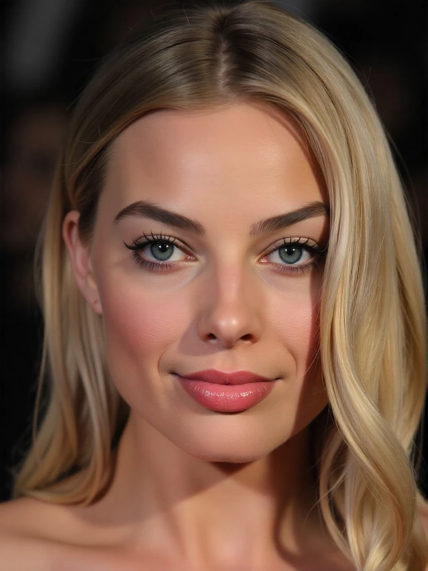 <lora:Margot_Robbie_ca2008:1> woman, extreme close-up, zoomed, focus on face, centered, macro shot, face centered, focus on eyes, looking directly at the viewer, looking directly at the camera, making eye contact, looking straight ahead, modest clothes, modest apparel, chest covered, modesty <lora:zz_s_Chest_Size_Slider:-2> a close-up profile photograph, looking back, smiling, wavy, tinted hair, well-groomed and styled, cascading in soft waves, background is a blurred view of an awards ceremony, emphasizing the texture and color variations in the hair, overall effect is natural and elegant, showcasing the beauty of the hair in a detailed and artistic manner, lighting effects, diffused lighting on skin, skin pores, matte skin, skin imperfections.