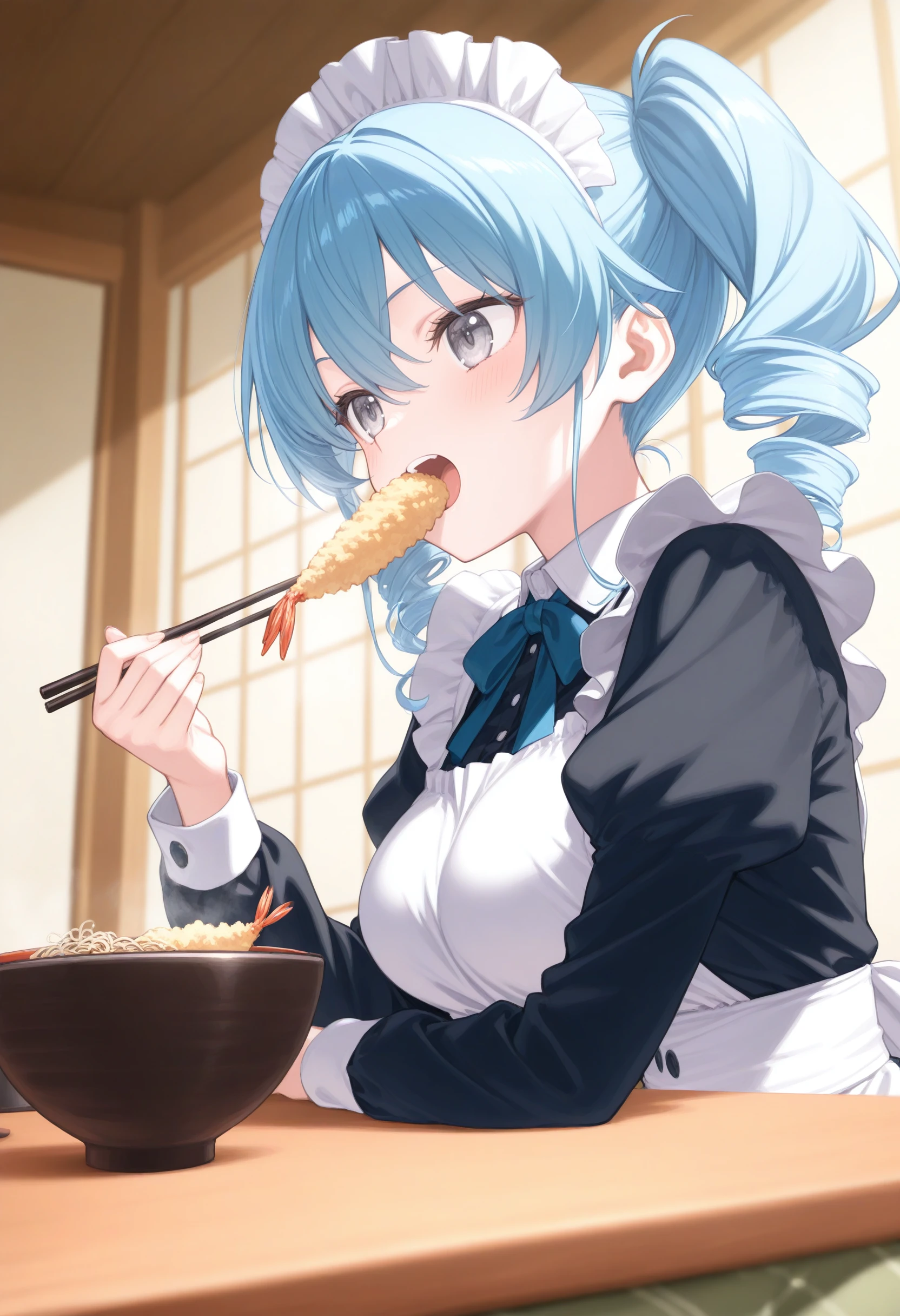 1girl,(sho \(sho lwlw\):0.7),(toosaka asagi:0.5),(sincos:0.3),solo,
masterpiece, best quality, newest, absurdres, CG, anime, source anime, illustration,
maid, maid headdress,medium breasts,
soba, table, eating, kotatsu, noodles, holding chopsticks, bowl, long sleeves, shrimp tempura, steam, kamaboko, food in mouth, hand up, under table,  <lora:soba_Illust_v1:0.8>
from side, fisheye lens, looking to the side, blue hair, silver eyes,excited, open mouth, drill hair,