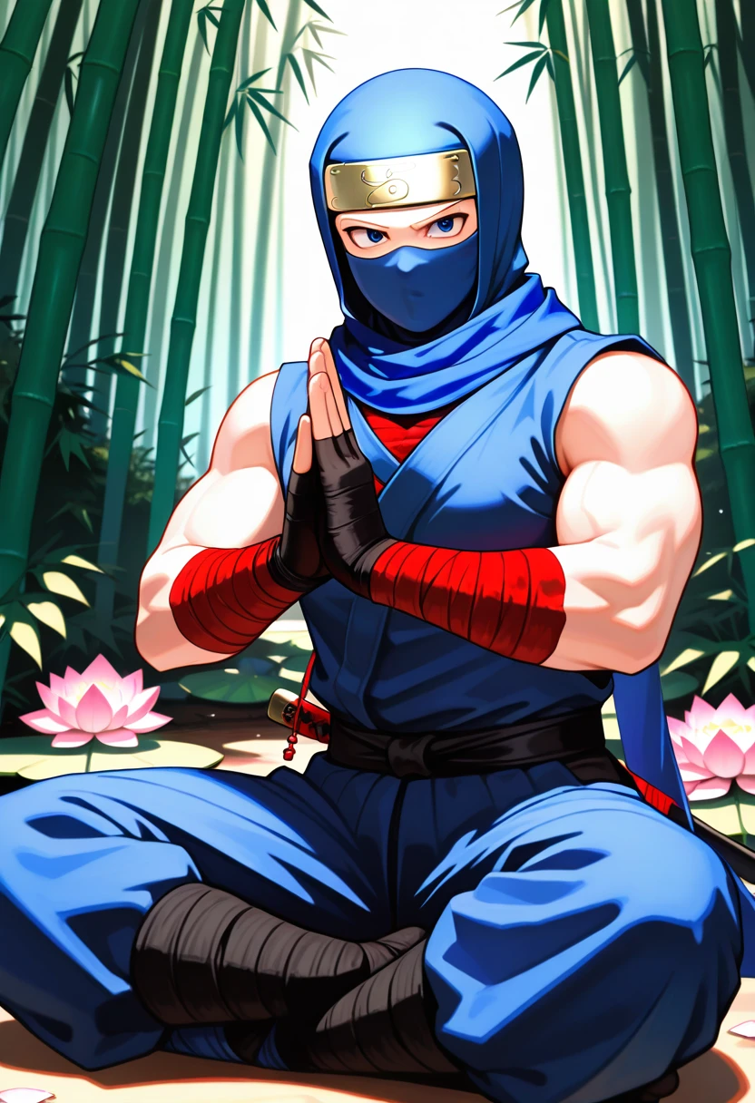 masterpiece, best quality, newest, absurdres, highres, <lora:RyuIllustDOA:0.9>, CLSCRY, blue robe, dougi, forehead protector, blue scarf, ninja, bandaged arms, red bandages, black belt, bamboo forest, lotus position,