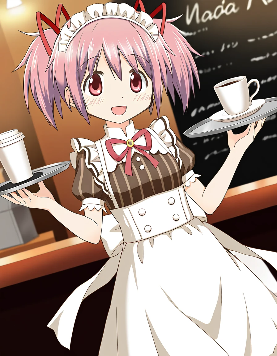 masterpiece, best quality, newest, absurdres, highres, safe, 1girl, kaname madoka \(maid costume\), magia record: mahou shoujo madoka magica gaiden, smile, open mouth, solo, tray, coffee shop, dutch angle, <lora:20241222214529_kaname_madoka_noobaiXLNAIXL_vPred10Version:0.7>