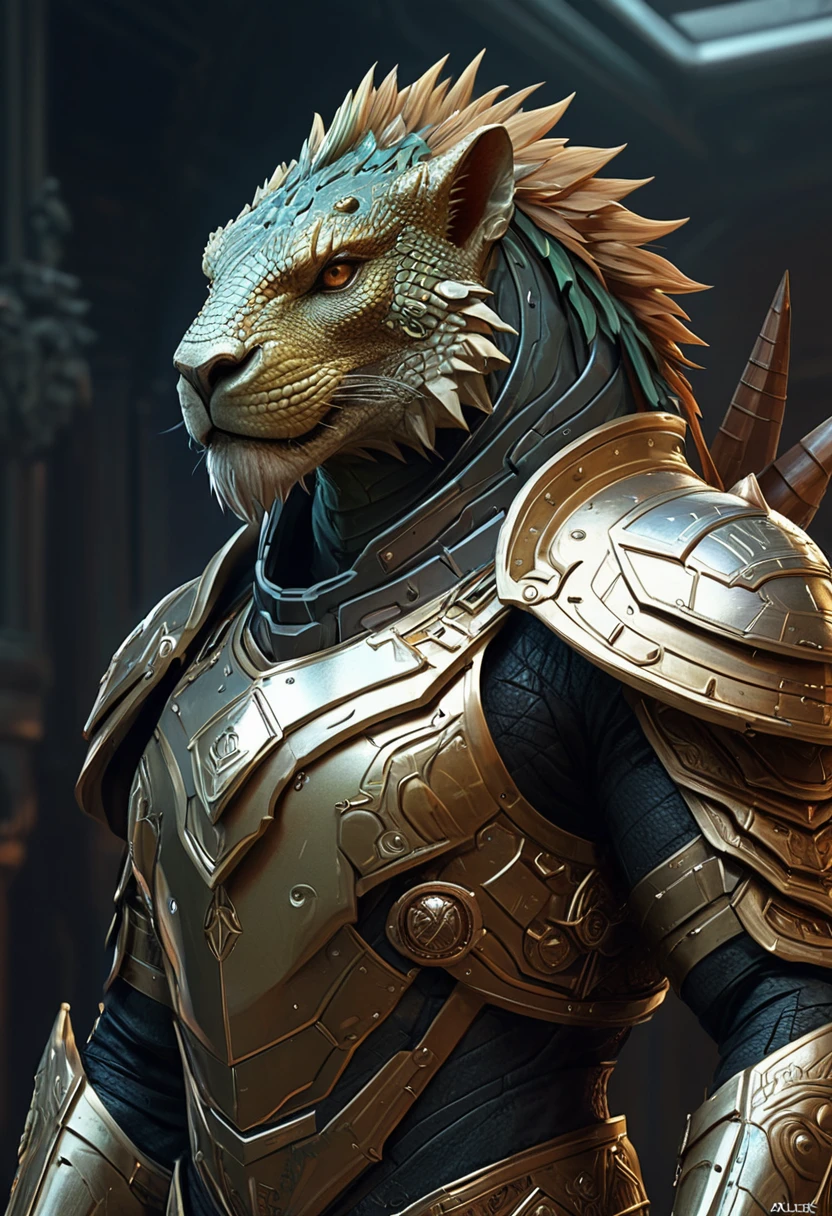 a anthropomorphic cyber iguana hybrid lion wearing scifi armor, diffuse lighting, fantasy, intricate, elegant, highly detailed, lifelike, photorealistic, digital painting, artstation, illustration, concept art, smooth, sharp focus, art by john collier and albert aublet and krenz cushart and artem demura and alphonse mucha