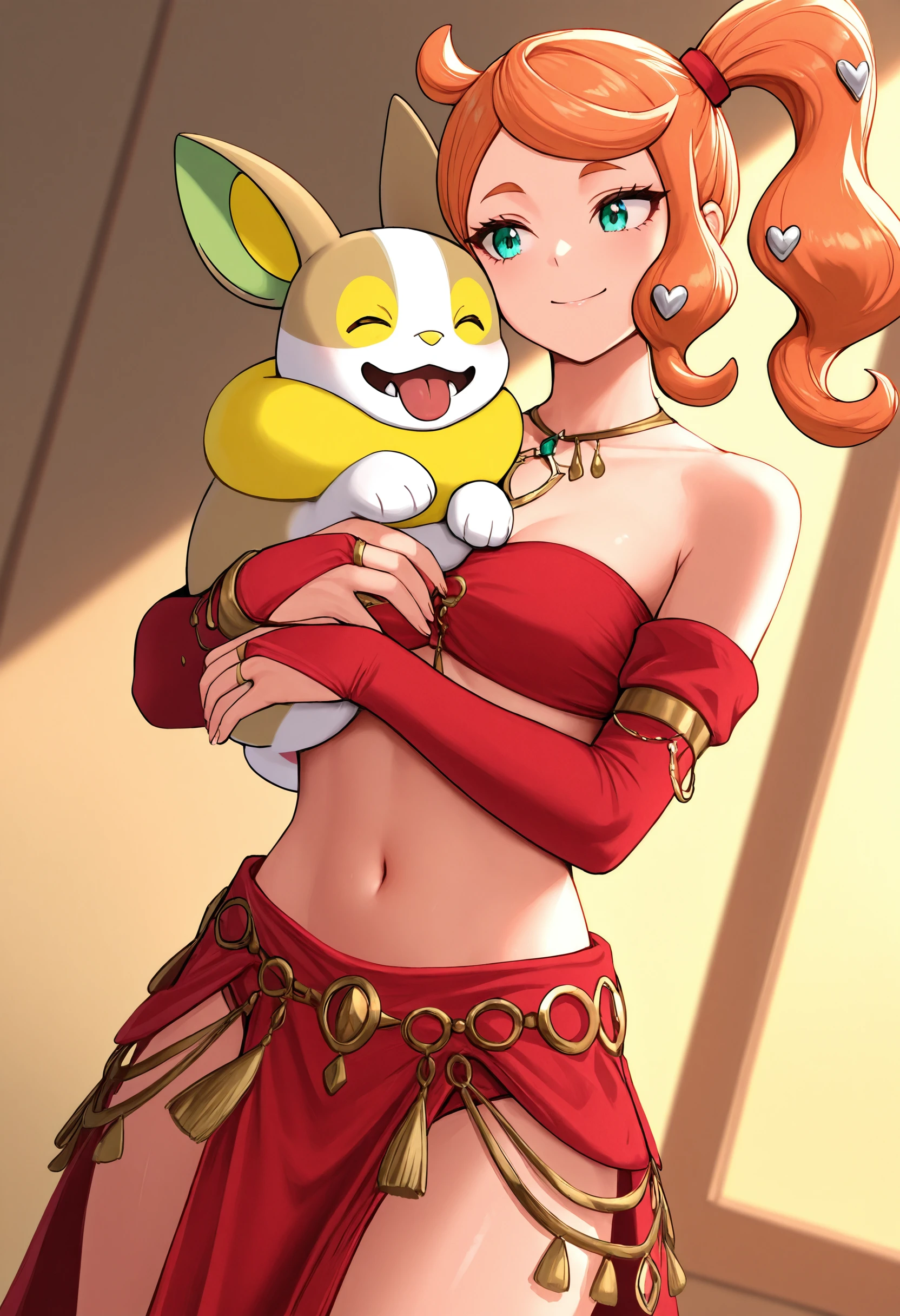 masterpiece, best quality, 1girl, cowboy shot, dncaf, bandeau, bridal gauntlets, pelvic curtain,  hair bow, jewelry, bare shoulders, navel, midriff,   sonia \(pokemon\), pokemon \(creature\), yamper, hug from behind, holding, cuddling, smile, dutch angle, warm home,  <lora:Dancers_Attire_IL:1>