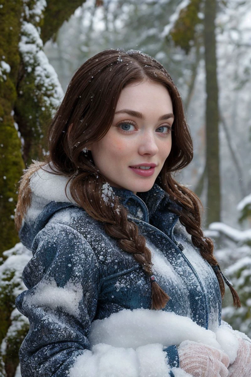 photo of S635_JulieVee,a beautiful woman,in a (snowy winter jungle),wearing a (parka jumpsuit),(frosty ice),(braid),(4k, RAW photo, best quality, 50mm, depth of field, ultra high res, intricate, photorealistic, cinematic-shot, masterpiece, ultra-detailed),