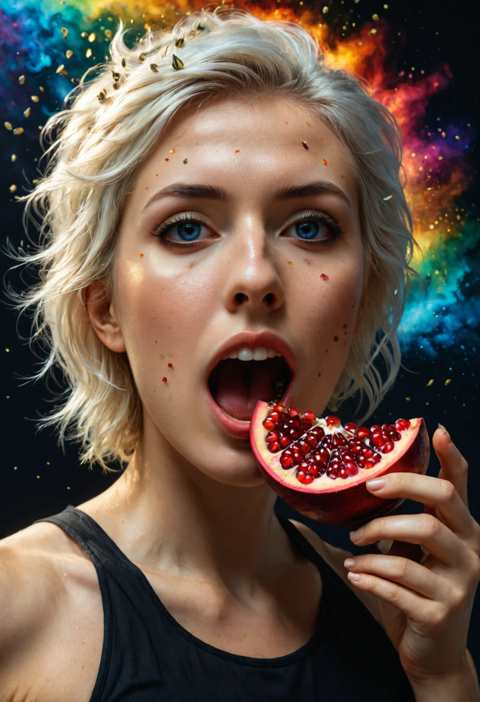 cinematic film still (((A beautiful Fearless Leader in Life, 24 years old woman, with Short platinum blonde hair styled into edgy layers, cobalt blue eyes sharp as daggers, and angular features that exude confidence., eating Pomegranate: The jewel-toned fruit packed with tiny seeds bursting with flavor; itâs basically nature's confetti waiting to explode in your mouth!.  Dressing up as a walrus for a job interview, complete with fake tusks and flippers, insisting that itâs the latest trend in corporate fashion.)))
 (((with exaggerated expressions))) Sporting Grand Unified Theory Equation: This veggie has somehow solved physics' greatest mystery, displaying the equation on its skin., Through-the-Lens Reflection: Position your camera so that the reflection of your subject appears in the lens of another camera or glasses. This creates a layered, artistic composition that feels modern and intriguing..(dynamic:1.1),sun rays,(taken by 12.5mm fisheye lens:1.1), 
(Vivid, HDR, Canon50, 8K, Hyper Realistic, Dramatic, Epic, Dynamic Contrast, Cinematic Lighting, increased brightness)(((Zoomed Out, Far away Shot))) = =. Epic dynamic lighting , vibrant,highly detailed,psychedelic,((Psychedelic, rainbow glow ))
((Vivid, Epic, Dynamic contrast)) (((Zoomed out, Far away shot, In frame)), (((Cinematic, Studio lighting, Contrast)))
<lora:juggernautXL_version6Rundiffusion:0.8><lora:rundiffusionXL_beta:0.8><lora:epicrealismXL_v5Ultimate:0.8><lora:crystalClearXL_ccxl:0.9><lora:extremely_detailed:0.8> extremely detailed
 <lora:hyperkraximalism:0.6> hyperkraximalism<lora:QuadpipeQp_sdxlV2:0.4> 
<lora:xl_more_art-full_v1:0.2>    <lora:RMSDXL_Darkness_Cinema:0.8>, - Generate images with sharp edges and fine details.
- Produce high-resolution images with no blurriness or distortions.
- Create images with clear and well-defined subjects.
- Ensure that the output images have crisp lines and distinct features.
- Generate images with vibrant colors and accurate tones.
- Avoid noise or artifacts in the generated images.
- Focus on producing clear textures and patterns in the images.
- Emphasize clarity and definition in all aspects of the generated images.
- Prioritize the sharpness and clarity of the main subjects in the images.
- Optimize the AI model to produce clear and visually appealing images., Wlop, By art germ, Ross tran . shallow depth of field, vignette, highly detailed, high budget, bokeh, cinemascope, moody, epic, gorgeous, film grain, grainy