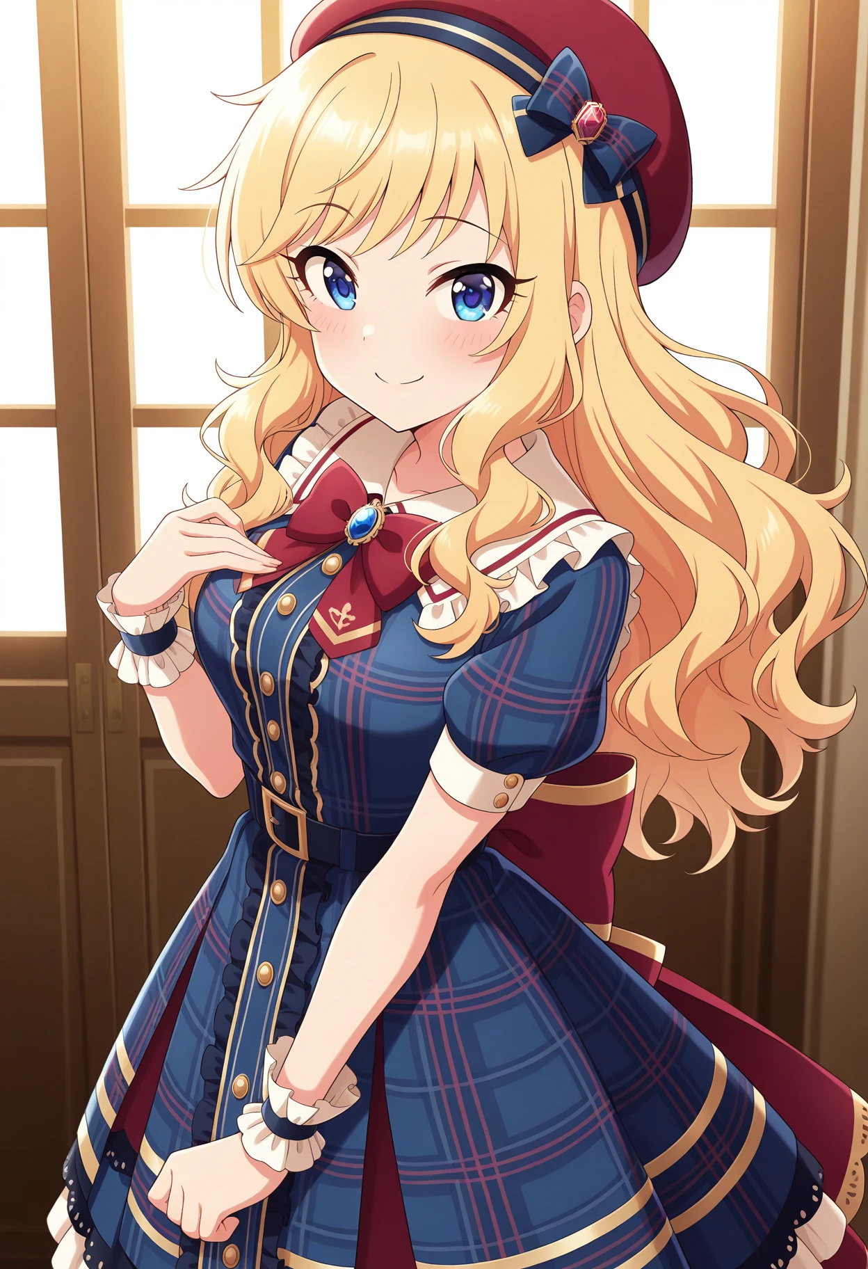 masterpiece, best quality, absurdres, highres, explicit, Newest, anime coloring,anime_screencap,
idolyui, blonde hair,dress, blue eyes, smile, long hair, looking at viewer, hat, red headwear, plaid dress, wrist cuffs, short sleeves,wavy hair,belt, bow, plaid, breasts, blue dress, beret, puffy short sleeves, medium breasts, standing, frills,(masterpiece:1.1), (best quality:1.1), (newest:1.1), official art, anime screenshot, (absurdres:1.1), (highres:1.1),  <lora:idolyui:1>