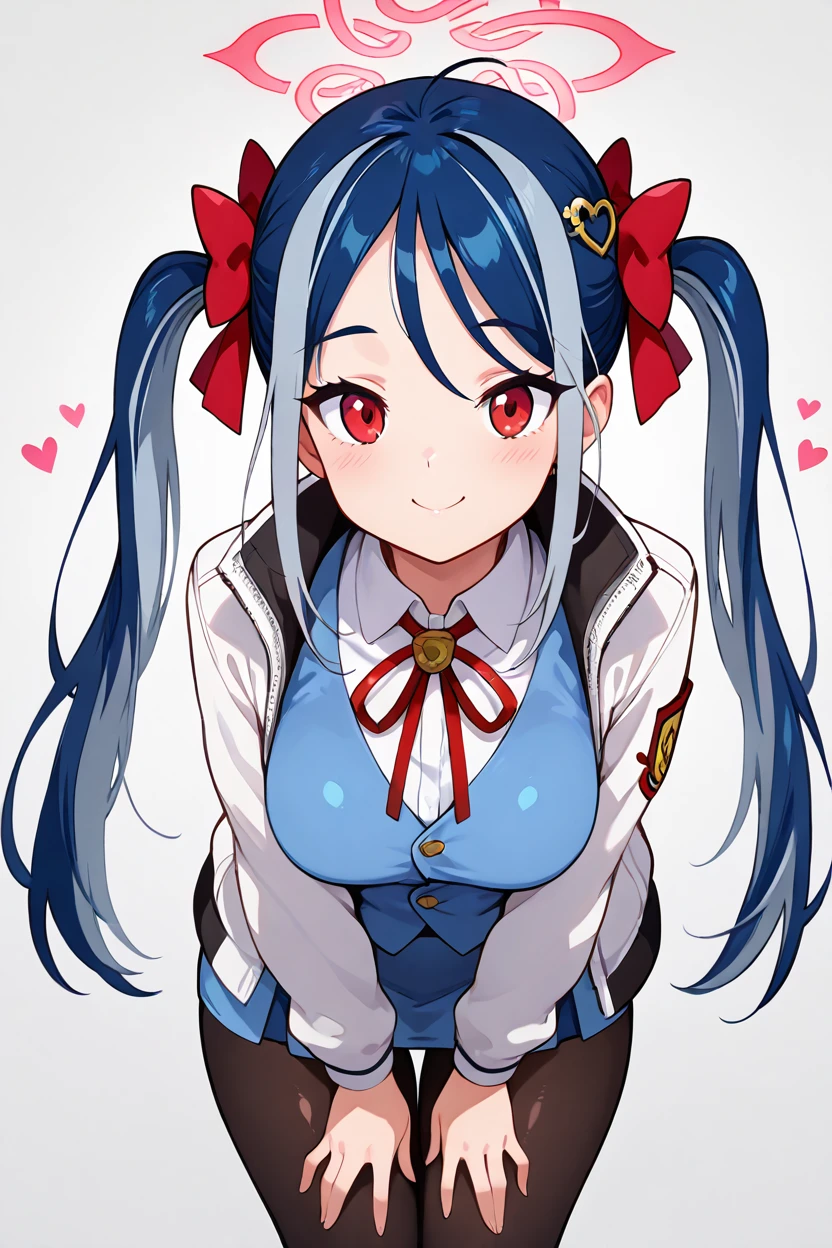 masterpiece, best quality, solo, curvy, beautiful eyes,zzFubuki, red eyes, blue hair, long hair, twintails, streaked hair, halo, hair bow, grey hair white jacket, blue vest, blue skirt, white shirt, black pantyhose, doughnut, heart hair ornament, <lora:FubukiBluearchiveIXL:1.0>, cowboy shot, leaning forward, smile, looking at viewer, shiny skin,