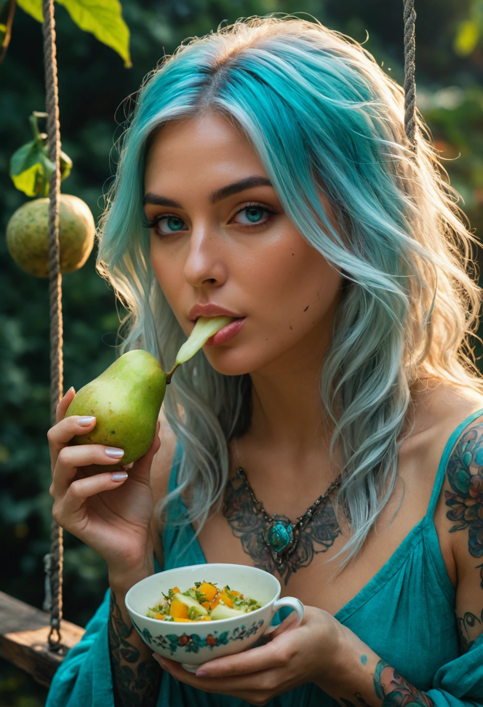 Psychedelic style (((A beautiful Visionary Minded Innovator, 30 years old woman, with Silvery-white hair cascading like waterfalls; shimmering turquoise eyes that seem to change color; and pale peachy skin adorned with delicate tattoos of nature motifs., eating Chayote: The squash that's having an existential crisis! Is it a pear? A potato? An alien life form? Nobody knows for sure!.  Sipping tea from a giant teacup while sitting on a swing, he rocks back and forth, enjoying his Earl Grey as if he were at an elegant garden party floating through mid-air.)))
 (((with exaggerated expressions))) Sporting Leaves That Cut Through Reality: The edges of its leaves can slice open portals to nightmarish dimensions., Low-Key Portraits: Use minimal lighting focused on specific parts of your subject while keeping most of the frame dark for moody, dramatic portraits full of contrast..(dynamic:1.1),sun rays, 
(Vivid, HDR, Canon50, 8K, Hyper Realistic, Dramatic, Epic, Dynamic Contrast, Cinematic Lighting, increased brightness)(((Zoomed Out, Far away Shot))) = =. Epic dynamic lighting , vibrant,highly detailed,psychedelic,((Psychedelic, rainbow glow ))
((Vivid, Epic, Dynamic contrast)) (((Zoomed out, Far away shot, In frame)), (((Cinematic, Studio lighting, Contrast))) extremely detailed hyperkraximalism, - Generate images with sharp edges and fine details.
- Produce high-resolution images with no blurriness or distortions.
- Create images with clear and well-defined subjects.
- Ensure that the output images have crisp lines and distinct features.
- Generate images with vibrant colors and accurate tones.
- Avoid noise or artifacts in the generated images.
- Focus on producing clear textures and patterns in the images.
- Emphasize clarity and definition in all aspects of the generated images.
- Prioritize the sharpness and clarity of the main subjects in the images.
- Optimize the AI model to produce clear and visually appealing images., Wlop, By art germ, Ross tran . Vibrant colors, swirling patterns, abstract forms, surreal, trippy
<lora:juggernautXL_version6Rundiffusion:0.8><lora:rundiffusionXL_beta:0.8><lora:epicrealismXL_v5Ultimate:0.8><lora:crystalClearXL_ccxl:0.9><lora:extremely_detailed:0.8>
 <lora:hyperkraximalism:0.2><lora:QuadpipeQp_sdxlV2:0.4> 
<lora:xl_more_art-full_v1:0.2>    <lora:RMSDXL_Darkness_Cinema:0.8>