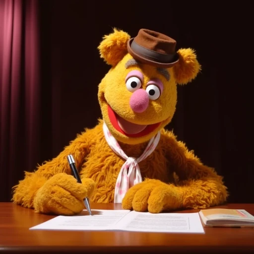 Fozzie Bear sitting at a desk writing jokes.