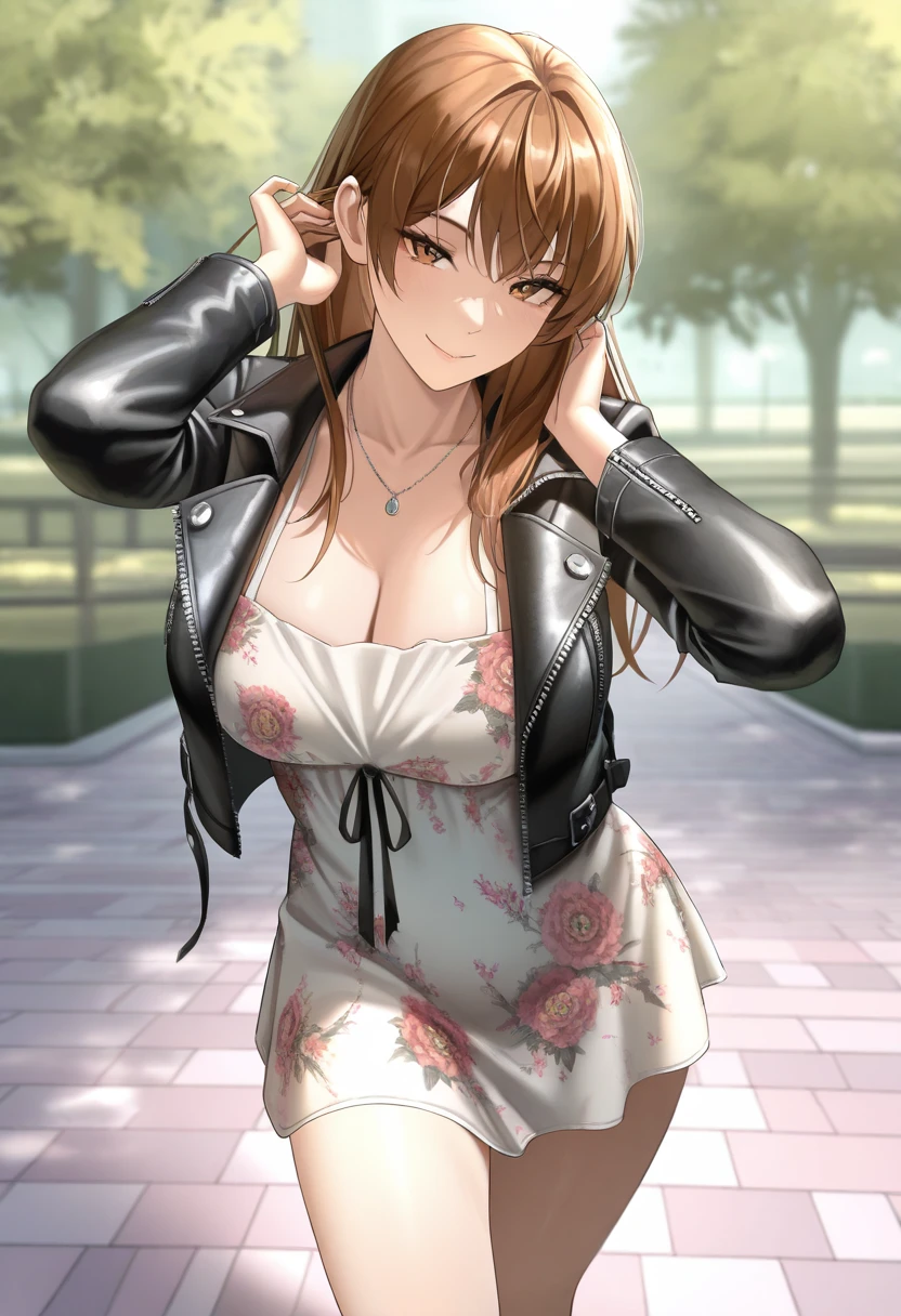 masterpiece, best quality, newest, absurdres, highres ,  <lora:KasumiIllustDOA-000014:0.9>,  KSMIDOADF, brown hair, brown eyes,  necklace,  white dress, floral print, black leather jacket, open jacket, seductive smile, adjusting hair, breasts, hair down, 1girl, solo, park,  thighs, bare legs, looking at viewer,