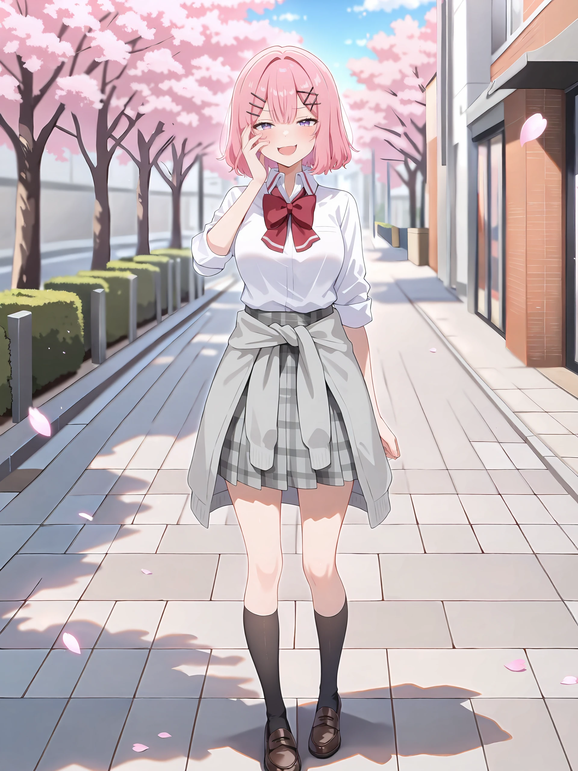 1girl, amaori renako, solo, purple eyes, hairclip, school uniform, pleated skirt, plaid skirt, white collared shirt, red bowtie, clothes around waist, loafers, black kneehighs, looking at viewer, smug, open mouth, naughty face, hand on own face, standing, full body, outdoors, street, cherry blossoms, petals, depth of field , <lora:Char-Amaori_Renako-V1-IL:0.9>
masterpiece,best quality, amazing quality, very aesthetic, absurdres, newest