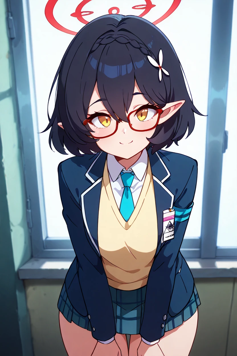 masterpiece, best quality, solo, curvy, beautiful eyes,zzAyane, yellow eyes, black hair, short hair, glasses, halo school uniform, blue necktie, white shirt, blazer, sweater vest, skirt,   <lora:AyaneBluearchiveIXL:1.0>, , cowboy shot, leaning forward, smile, looking at viewer, shiny skin,<lora:DiivesIXL:1.0>,