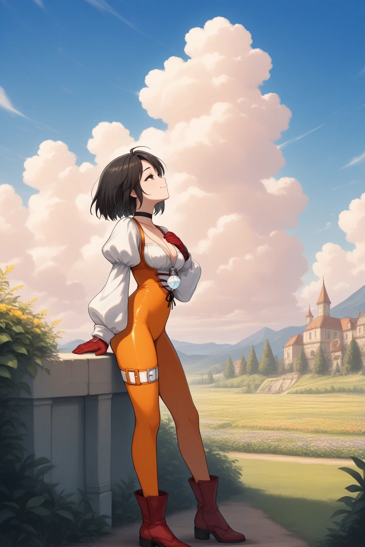 masterpiece, best quality, 1girl, solo, <lora:ffgarnet-illu-nvwls-v1_1-000007:1> ffixgarnet, black hair, brown eyes, short hair, pendant, black choker, orange bodysuit, cross-laced bodysuit, cleavage, white shirt, puffy sleeves, white sleeves, red gloves, thigh strap, brown boots, from side, garden, landscape, blue sky, sky, wide shot, clouds, looking up, hand on own chest, smile, half-closed eyes