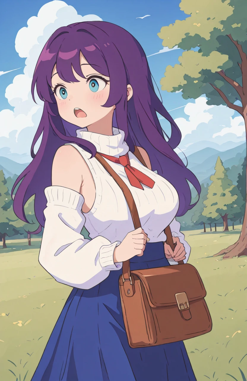 best quality, amazing quality, perfect image, very aesthetic, absurdres, newest
1girl, solo, beautiful woman, breasts, fully clothed
 <lora:arcadia_illustrious:1> arcadia
arcadia, tree, purple hair, grass, blue skirt, upper teeth only, simple background, cloud, multiple girls, detached sleeves, sweater