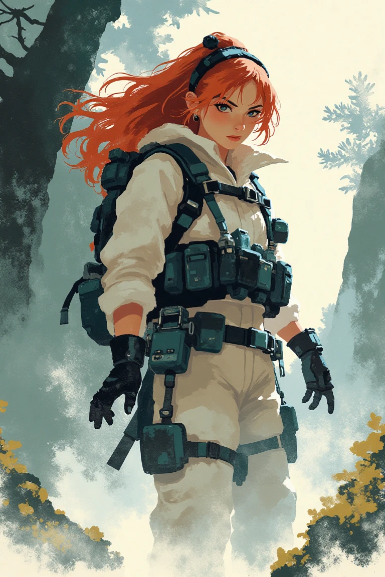 A stylized illustration of a hiker with reddish windy hair cyberpunk girl, geisha, action pose surrounded by white flowing smoke. background steep  track branches, with visible brush strokes and textural effects. , sr3fmj