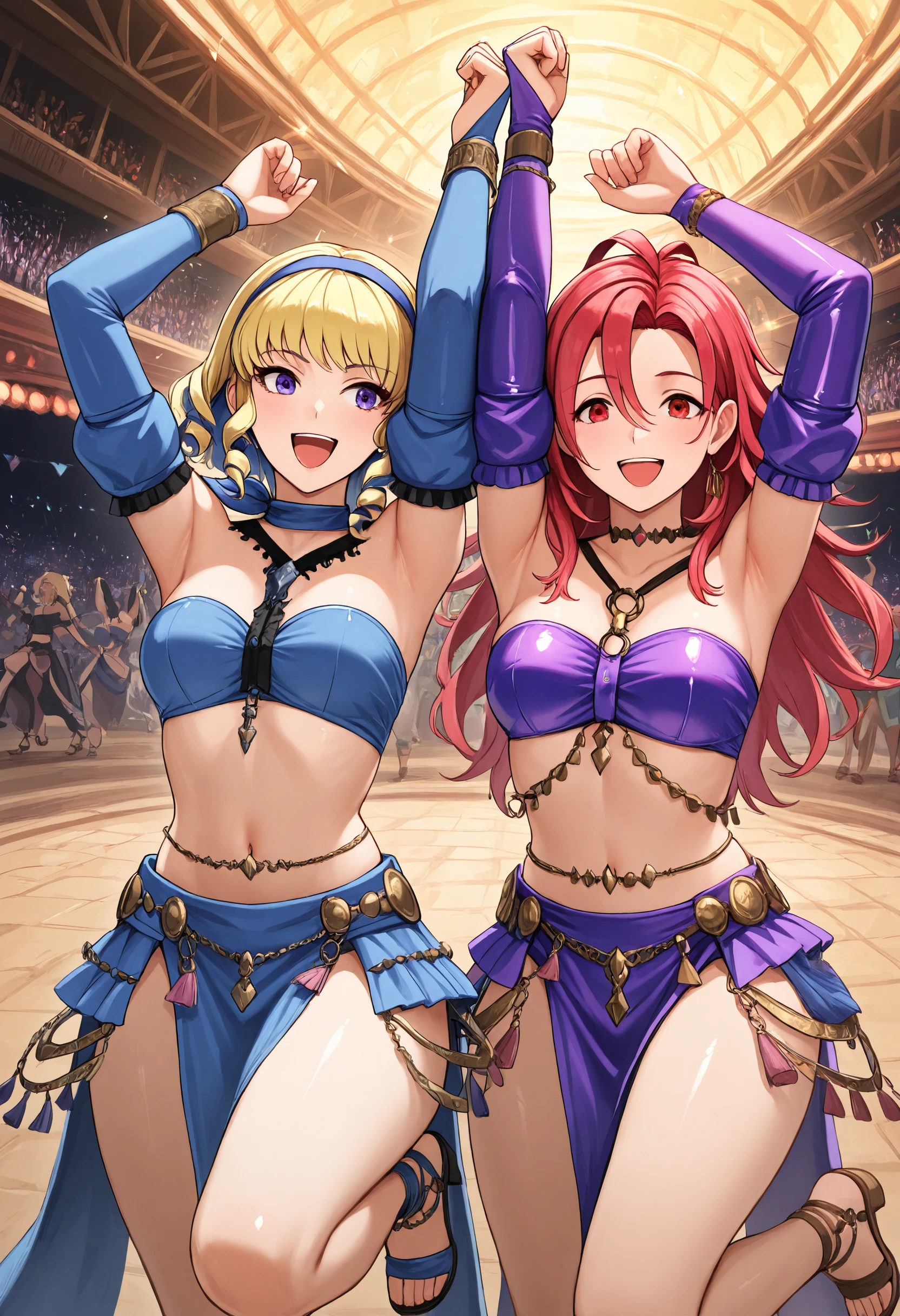 masterpiece, best quality, 2girls, side-by-side,shiny clothes, cowboy shot,  arms out, arms up, excited, happy, open mouth, dncaf, bandeau, bridal gauntlets, pelvic curtain,  hair bow, jewelry, bare shoulders, navel, midriff, sandals, heeled footwear,  urban, city, concert, dancing, standing on one leg, constance von nuvelle, hapi \(fire emblem\),   <lora:Dancers_Attire_IL:1>