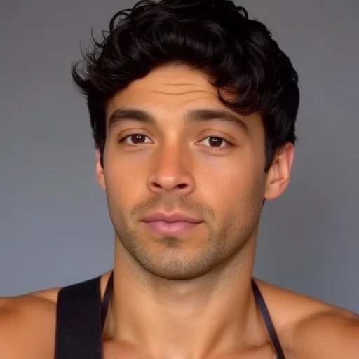 suggesting he might be of Mediterranean or Latin descent., slightly curly hair, dark hair and a light stubble. His skin tone is olive, and expressive brown eyes that gaze directly at the camera. His facial expression is neutral, athletic shorts with a black waist strap attached., dark hair styled neatly. His facial expression is neutral, tousled manner