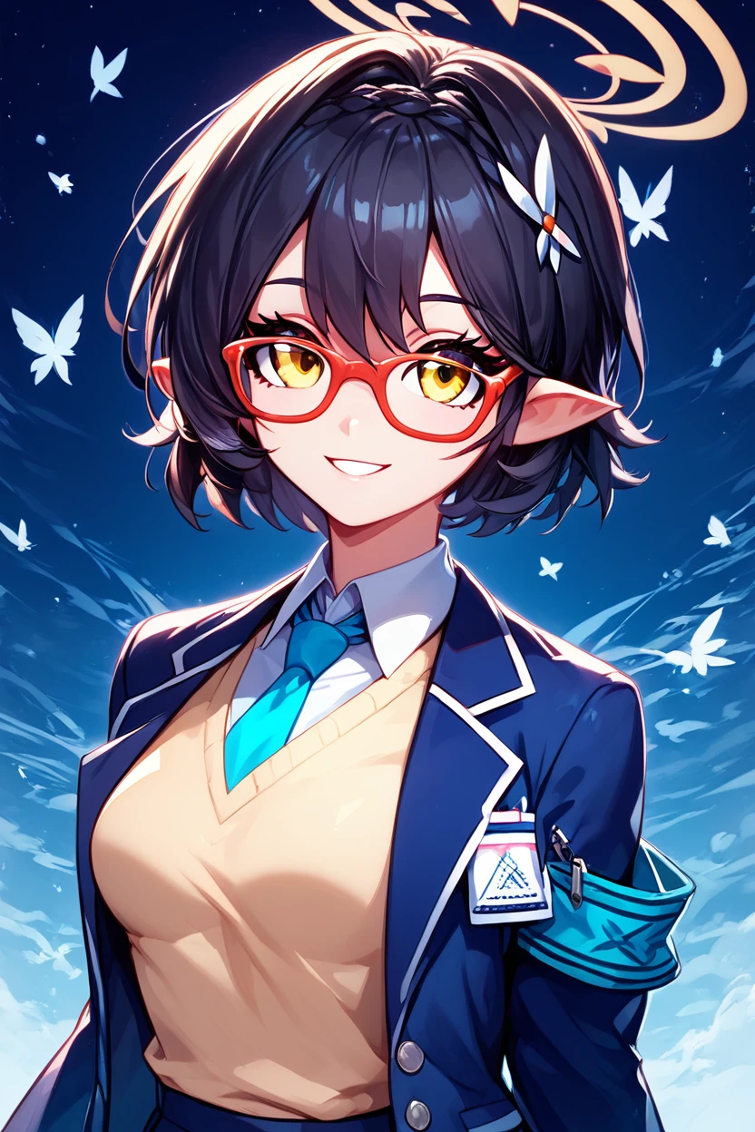 score_9, score_8_up, score_8, medium breasts, (curvy), cute, eyelashes,       ,,, , zzAyane, yellow eyes, black hair, short hair, glasses, halo school uniform, blue necktie, white shirt, blazer, sweater vest, skirt,   <lora:AyaneBluearchiveIXL:1.0>, , BREAK, ,,, upper body, smile, looking at viewer, ,,, shiny skin, <lora:ProAnime_PDXL_v1:0.8>, night, soft shadows, moonlight reflecting off skin, whisper of wind, ,,, embedding:zPDXL, Expressiveh, <lora:SDXLFaeTastic2400:0.5>, <lora:Expressive_H-000001:0.4>,