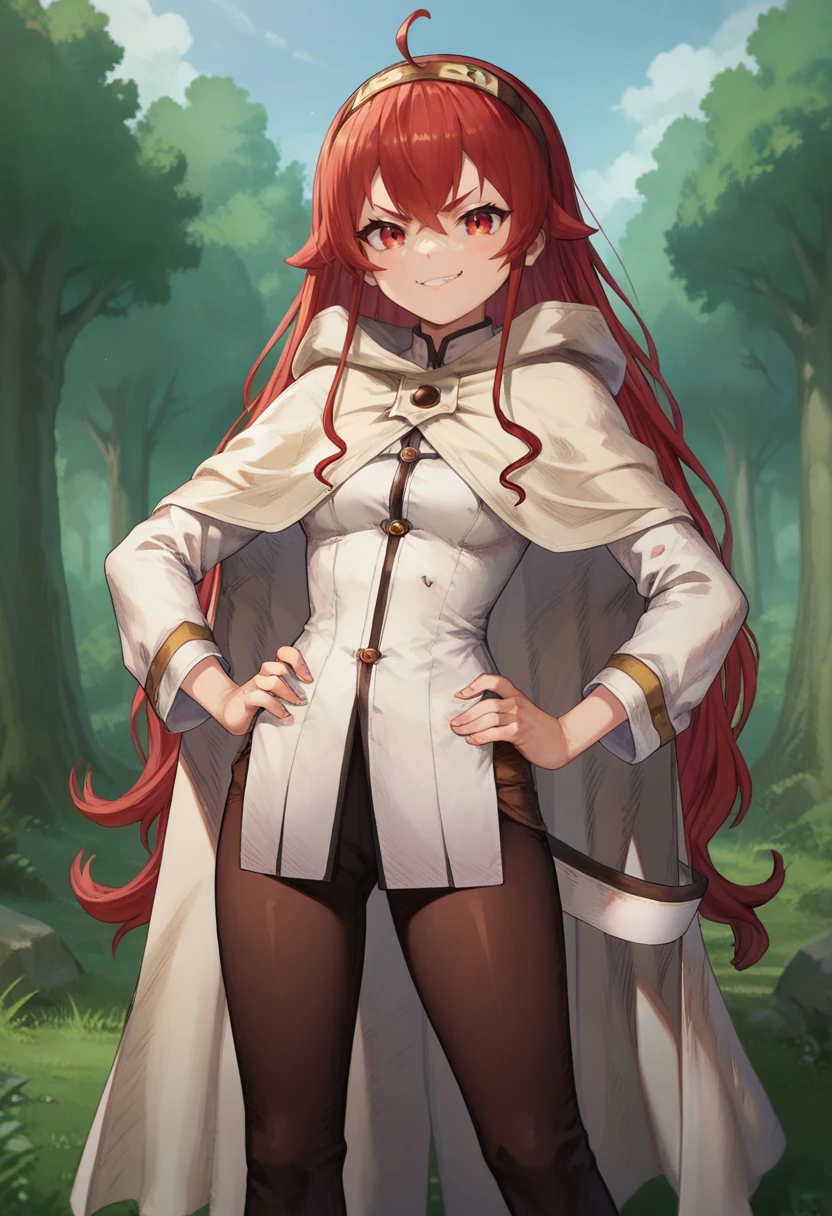 score_9, score_8_up, score_7_up, 1girl, solo, looking at viewer, <lora:add-detail-xl:3>,
BREAK , <lora:BD2:0.7>, bq2, eris, red eyes, red hair,
ahoge, hairband, white cape, white shirt, brown leggings, hands on hips, smug, outdoors,