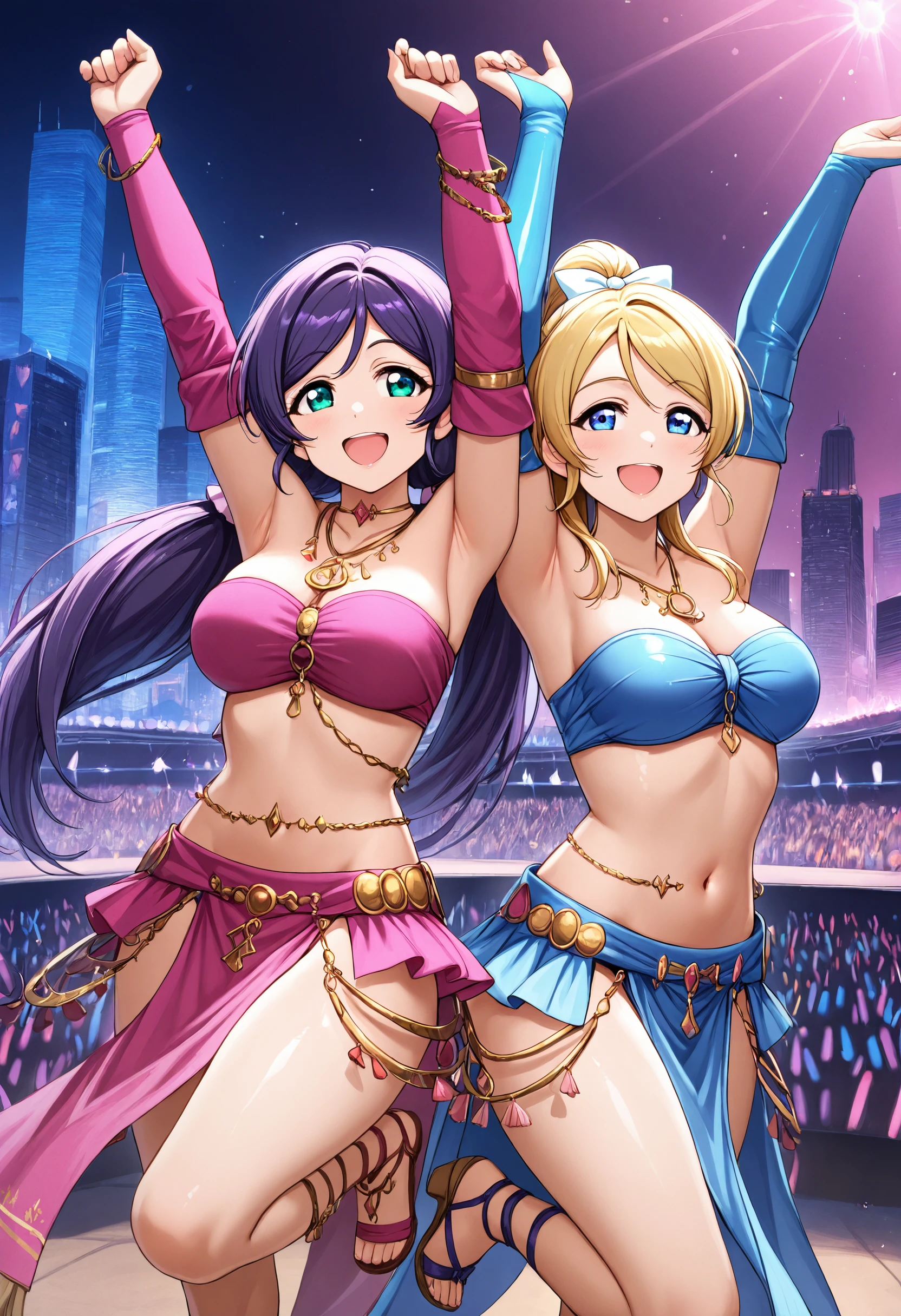 masterpiece, best quality, 2girls,shiny clothes, side-by-side, cowboy shot,  arms out, arms up, excited, happy, open mouth, dncaf, bandeau, bridal gauntlets, pelvic curtain,  hair bow, jewelry, bare shoulders, navel, midriff, sandals, heeled footwear,  urban, city, concert, dancing, standing on one leg, petite, ayase eli, tojo nozomi, purple clothes, blue clothes <lora:Dancers_Attire_IL:1>