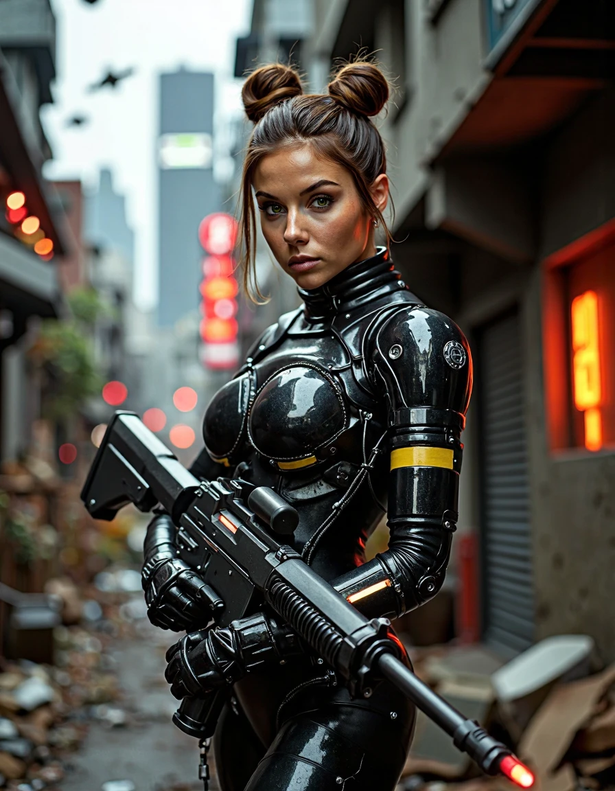 high fashion photo of TiffaniAmberThiessen, she is a beautiful brunette andoid woman with blonde highlights, hair in tight buns, wearing a body cybernetic armored suit with exposed circuits and wires and lights, standing guard with a pulse cannon in a cyberpunk alleyway, dystopian scene with highrises in the distance of the overcast city, run down apartments and squalor surround her, space ships flying in the sky,
sharp focus, full sharp