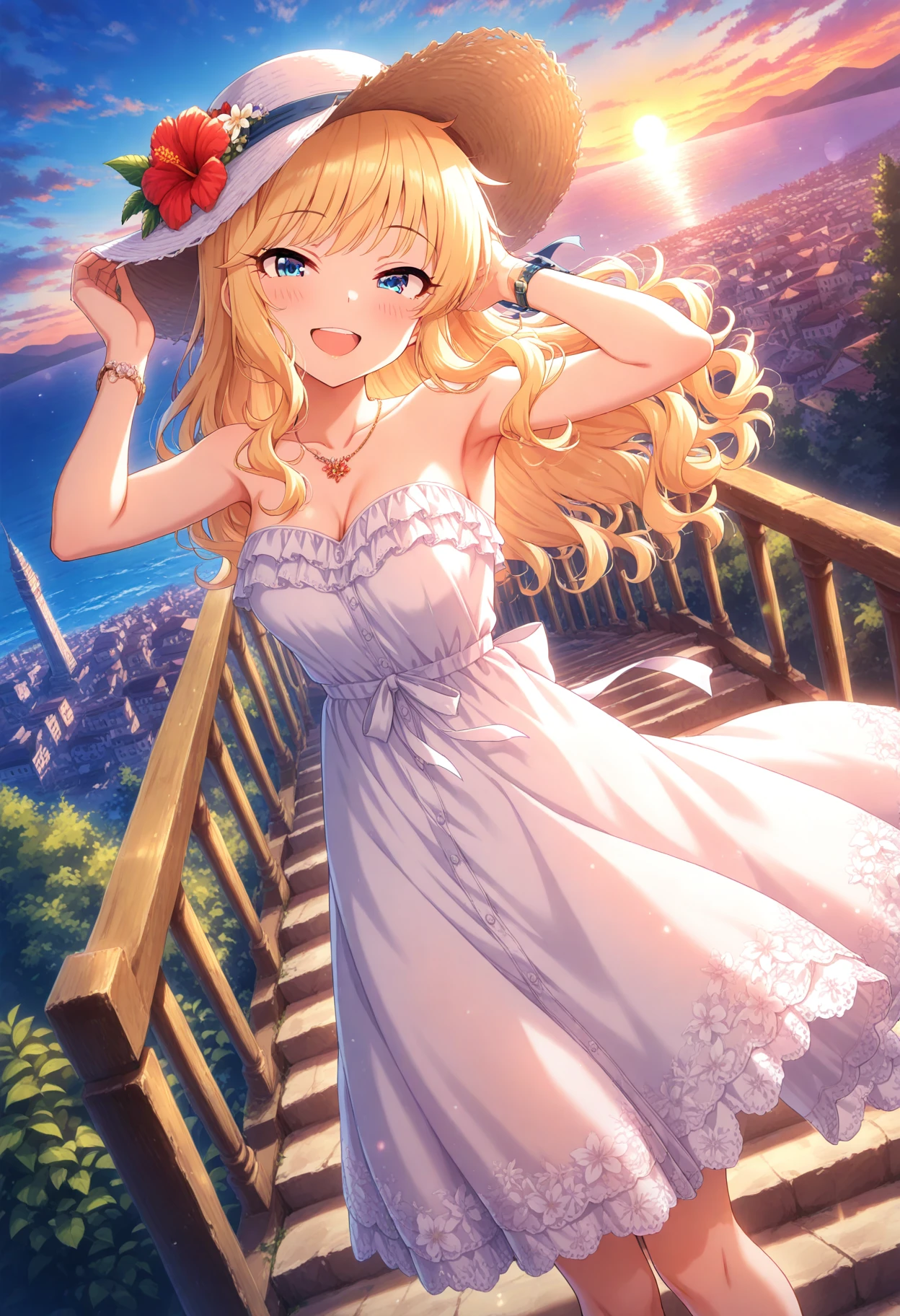 masterpiece, best quality, absurdres, highres, explicit, Newest, anime coloring,anime_screencap,1girl,
idolyui, blonde hair,long hair,wavy hair,blue eyes, hat, dress, solo,seductive smile, flower, jewelry, breasts, bracelet, looking at viewer, sky, outdoors, sun hat, blush, white dress, cloud, medium breasts, cleavage, sundress, hair flower, building, sunset, day, bare shoulders, sleeveless, hair ornament, sleeveless dress, eyebrows visible through hair, water, straw hat, hand on headwear, city, necklace, hat flower, cityscape, collarbone,, ocean, cloudy sky, lens flare, strapless, bare arms, hand in hair, scenery, sunlight, dutch angle, strapless dress, red flower, white headwear, blue sky, hands on headwear, standing, railing, horizon, hair tucking, teeth, hibiscus, frills, ribbon, evening, hand up, tower, floral print,wristband, twilight, sidelocks, wind, upper teeth, bridge, small breasts,  watch, stairs,arm up, tree, skyscraper, hat ribbon,mountain, head tilt, town, adjusting headwear, hands up, holding, road, armpits,(masterpiece:1.1), (best quality:1.1), (newest:1.1), official art, anime screenshot, (absurdres:1.1), (highres:1.1)  <lora:idolyui:1>