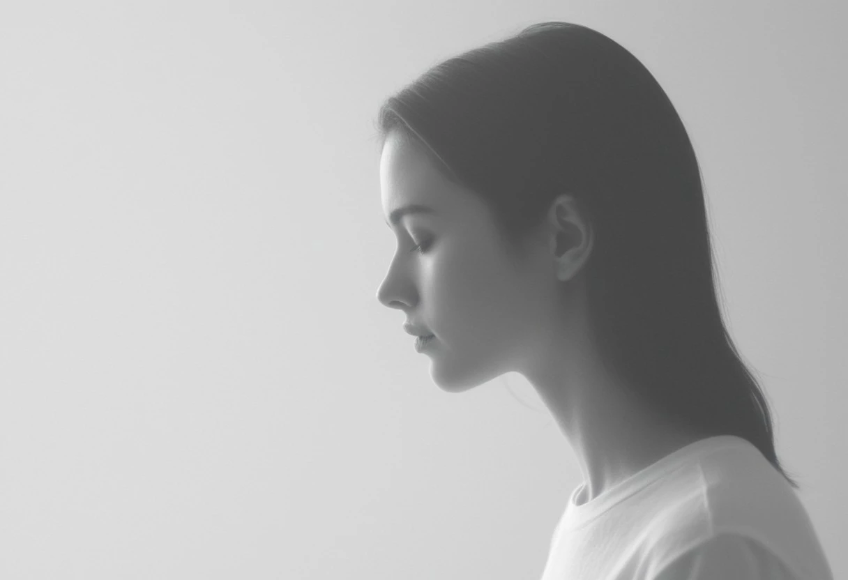 an aesthetic, minimalist depiction of a female profile in side view. she wears a t-shirt. The focus is on the soft contours and calm, monochromatic tones. The scene feels mystical and dreamy, almost as if viewed through a delicate mist, with gentle light accentuating the silhouette. The background is diffuse and creamy white, drawing attention to the elegant simplicity of the figure.