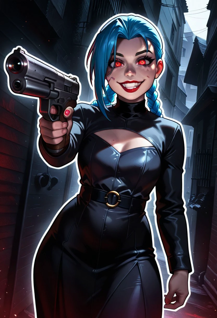 detailed, great quality, 
cartoon,, melkor mancin,,
 curvy,,
realistic skin, 
, love handles, red lips, fat lips,,
white outline of the character,
jinx, jinx (lol), 
in dark alley, 
crazy smile, 
looking at viewer, standing, suprised, holding gun with 1 hand, aiming at viewer, 
a dark dirty alley in a medieval town,