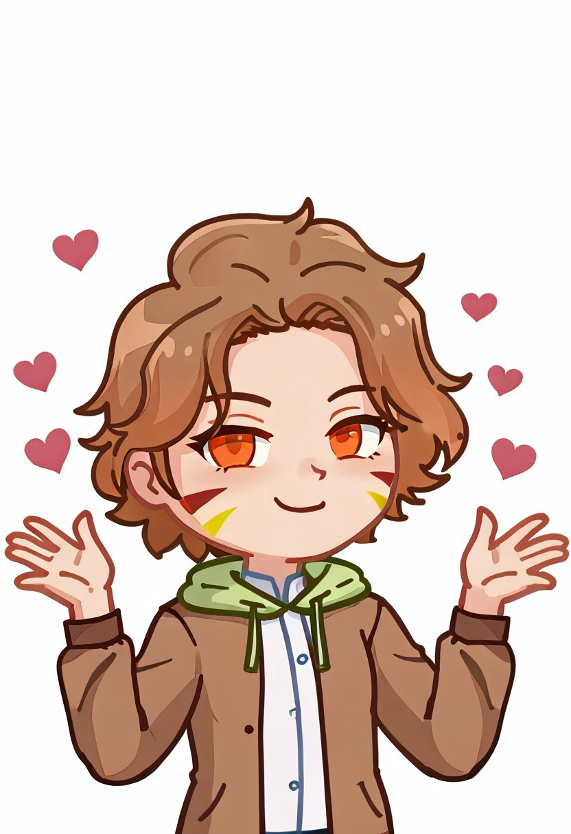 score_9, score_8_up, score_7_up, score_6_up, score_5_up, score_4_up, Stickersr, white background, solid outline, S6ARAGWOFFRGRD, brown hair, short hair, orange eyes, facial mark, brown unbuttoned hoodie, white shirt,
 dynamic pose, expressive emotions, ((hands raised up)), wants to hug, reaches out to hug, hearts, expressive emotions, naughty face, loving look