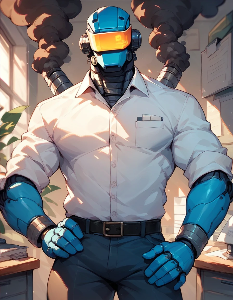 score_9, score_8_up, score_7_up, score_6_up, humanoid, robot, (exhaust pipe, smoke), blue body, male, solo, visor, looking at viewer, shirt, pants, hand on hip, office, 5 fingers, [[yellow eyes]]