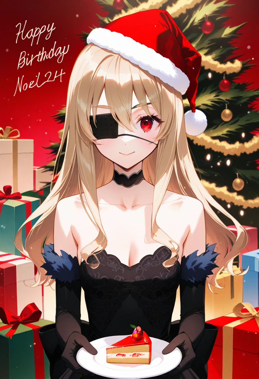 artist:gomzi,artist:wanke,artist:diyokama, rei_(sanbonzakura),[[artist:fuzichoco]],year 2024, 1girl, solo,
noel cerquetti, red eyes, blonde hair, long hair,
black eyepatch, left eye covered, black laced-trimmed bustier, black choker, black bow, fur-trimmed elbow gloves with blue fur, black dress, collarbone, strapless,
upper body,
simple blackground, holding plate, cake slice, red christmas hat, christmas tree, gifts, happy birthday
<lora:ntmf_majorcharacters.ilxl.v02:1>