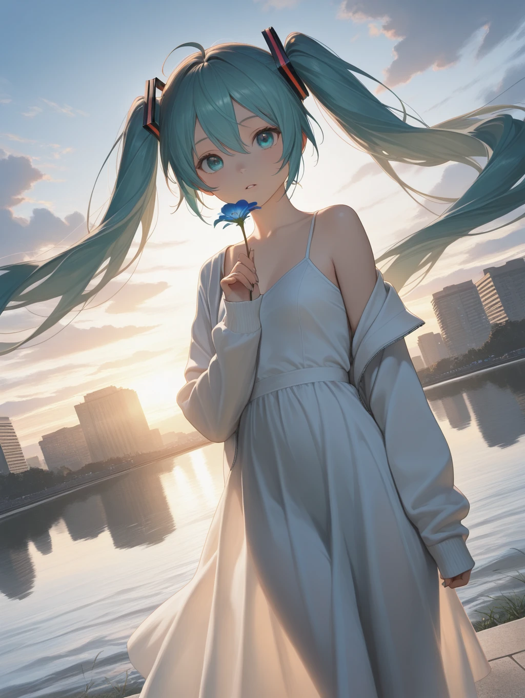 masterpiece,best quality,amazing quality,very aesthetic,absurdres,newest,volumetric lighting,
photorealistic),impactful picture,offcial art,movie perspective, 1girl, solo, holding flower, cloud, sky, backlighting, outdoors, dress, floating hair, ahoge, off shoulder, white flower, white dress, sleeves past wrists, jacket, hair ornament, looking at viewer, long sleeves, cloudy sky, parted lips, white jacket, building, jewelry, water, open clothes, blue flower very aesthetic,, shirt, 1girl,hatsune_miku,from_side,dutch_angle,
masterpiece,best quality,amazing quality,very aesthetic,absurdres,newest,