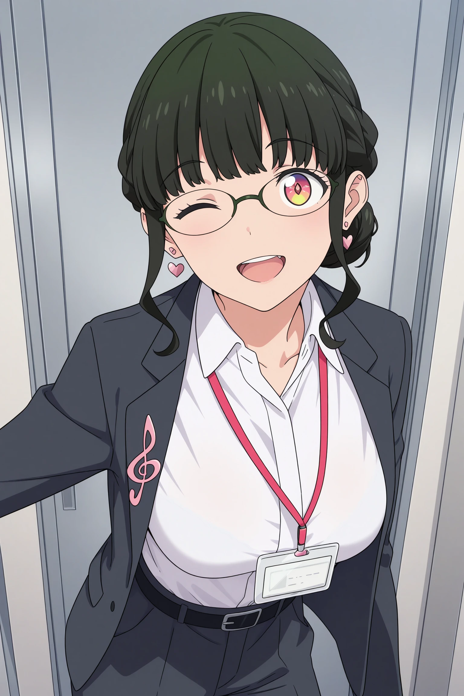 masterpiece, best quality, amazing quality, highres, absurdres, very aesthetic, high resolution, ultra detailed, perfect details, 1girl, indoors, medium breasts, anosillus the 2nd, dark green hair, short hair, half up braid, single hair bun, blunt bangs, sidelocks, multicolored eyes, glasses, heart earrings, grey jacket, musical note ornament, treble clef, white shirt, collared shirt, lanyard, open jacket, belt, grey pants, white footwear, flats, <lora:Anosillus_the_2nd_ILXL:0.8>, (aged up:1.2), (cowboy shot:1.4), (pose:1.2), smile, wink, open mouth