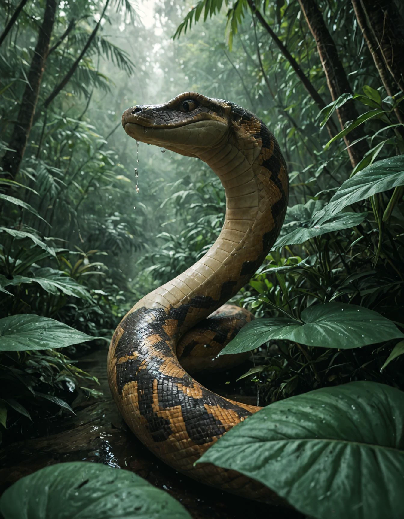 score_9, score_8_up, score_7_up, score_6_up,
portrait, masterpiece, 4k, ray tracing, intricate details, highly-detailed, hyper-realistic, 8k RAW Editorial Photo.
A detailed shot of a massive boa constrictor coiled around a rain-soaked palm tree in a lush tropical rainforest, its scales glistening with water droplets. The snake's head is alert and focused, scanning the misty undergrowth below for potential prey. Heavy rain creates a dramatic atmosphere with water streaming down broad jungle leaves, while shafts of filtered sunlight pierce through the dense canopy. Vibrant green foliage and exotic flowers add splashes of color to the moody scene. Photorealistic style, high detail, atmospheric lighting.