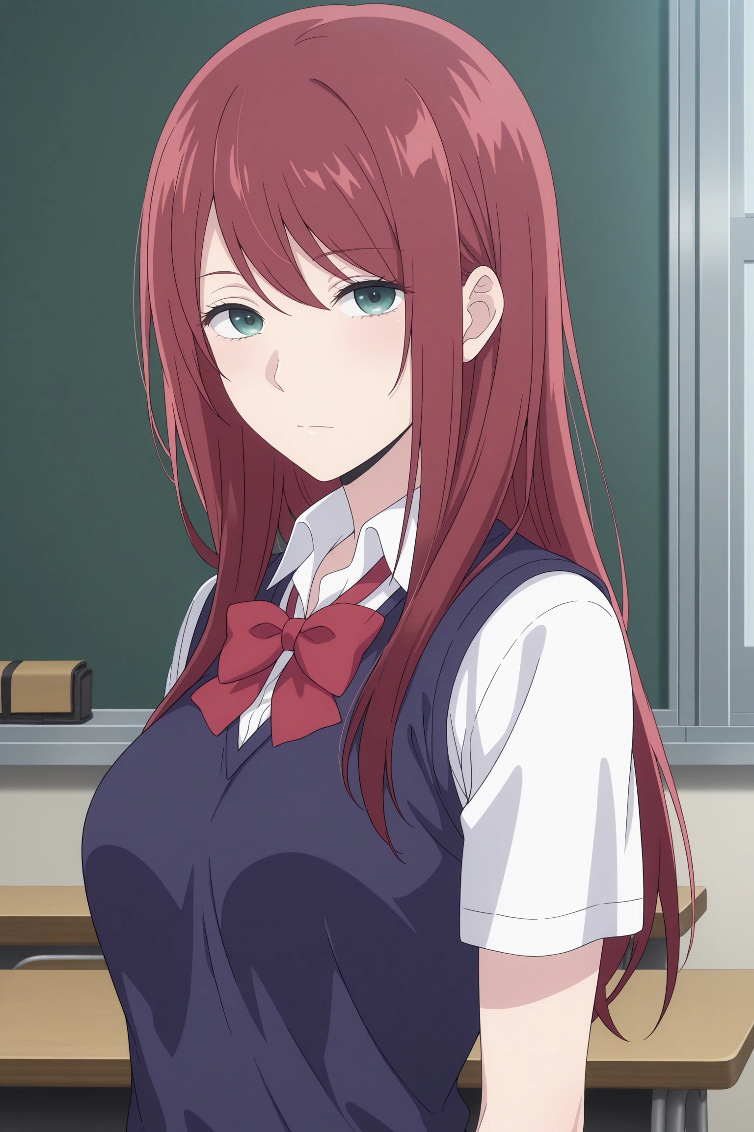 masterpiece, best quality, amazing quality, highres, absurdres, very aesthetic, high resolution, ultra detailed, perfect details, 1girl, looking at viewer, indoors, classroom, medium breasts, ebato sanae, long hair, red hair, swept bangs, green eyes, school uniform, short sleeves, white shirt, collared shirt, red bowtie, blue sweater vest, black skirt, pleated skirt, black kneehighs, loafers, <lora:Sanae_Ebato:0.8>, (aged up:1.2), (upper body:1.5), (three quarter view:1.8)