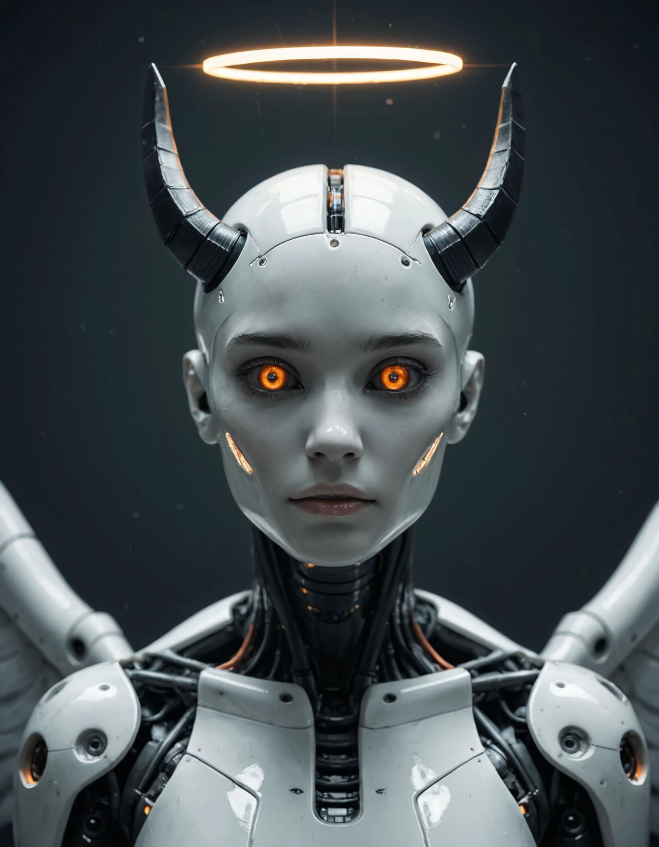 score_9, score_8_up, score_7_up, score_6_up,
portrait, masterpiece, 4k, ray tracing, intricate details, highly-detailed, hyper-realistic, 8k RAW Editorial Photo.
Futuristic scene featuring a humanoid robot with intricate mechanical details. angel with a halo and wings floats near the robot’s head, while a devil figure with horns and a tail manipulates the robot's brain. The contrasting organic figures of angel and devil symbolize a struggle between good and evil, set against the backdrop of advanced robotic machinery