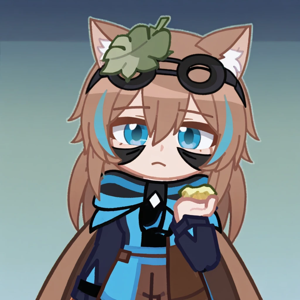 black pants, mask on head, blue dress, leaf on head, holding, brown shorts, multicolored hair decorations, black dress, food-themed hair ornament, bob haircut, animal ear fluff, looking over eyewear, black scarf, hair between eyes, long cape, black jacket