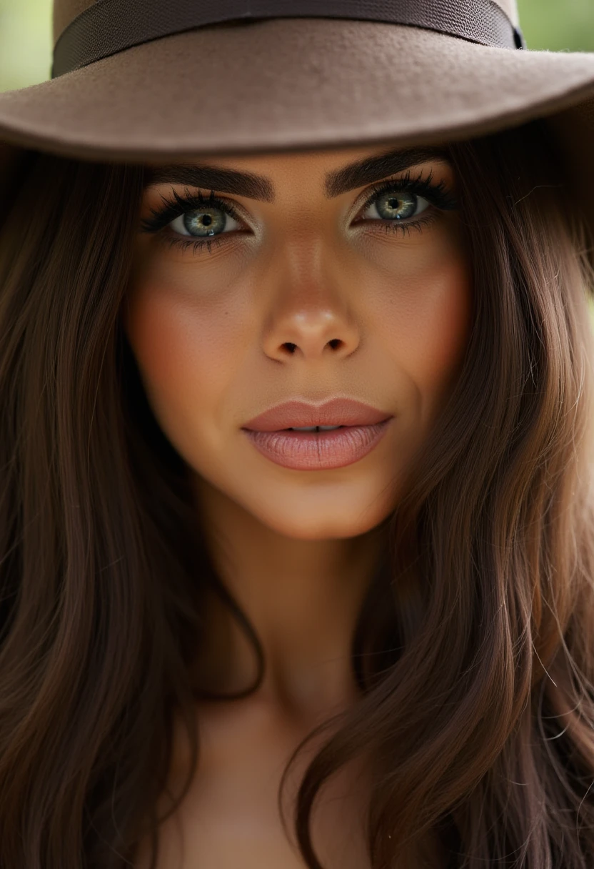 A realistic, high-resolution photograph of 0L1V31R4, a woman with long wavy hair and mesmerizing eyes. She is cosplaying as female Indiana Jones.