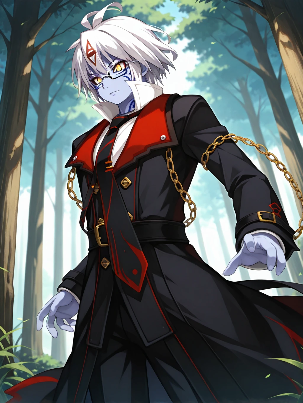 1boy, solo, NeroReal, short hair, white hair messy hair, double ahoge, antenna hair, yellow eyes, glowing eyes, glasses, black jacket, trenchcoat, black clothes, red clothes, white shirt, popped collar, black and red necktie, red_details_on_jacket, chain on clothes, colored skin, blue skin, facial marks

standing, forest, (dynamic pose), ((glowing eyes)), dutch angle, from below,

masterpiece, best quality,amazing quality, very aesthetic, absurdres, depth of field, blurry background, extremely detailed face, detailed eyes