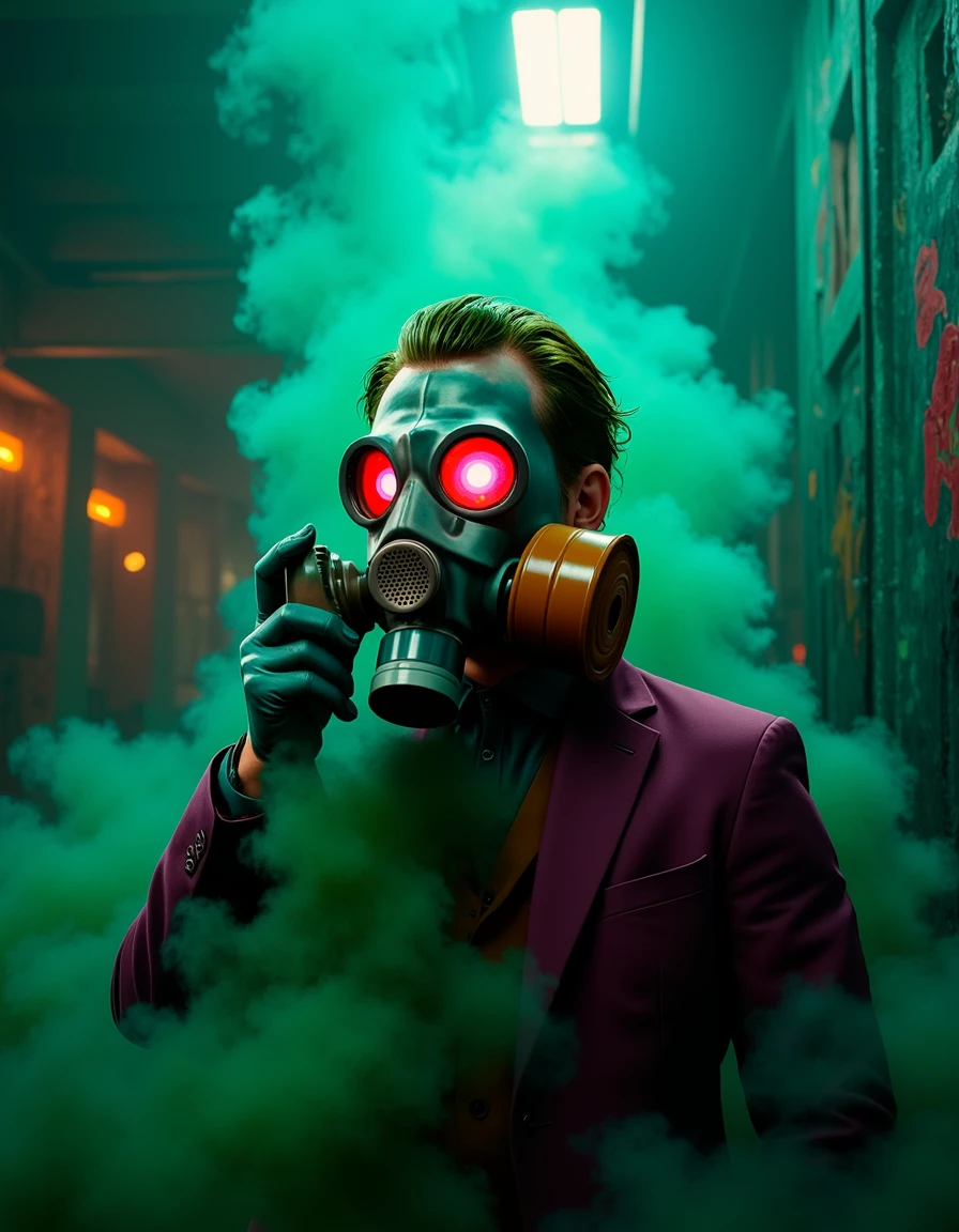 A sinister figure resembling the Joker, wearing a gas mask PMG with a cylindrical filter strictly located on the right side (gas mask filter cannot be misplaced), surrounded by swirling clouds of toxic green smoke, chaotic graffiti-covered walls in the background, eerie glowing eyes visible through the mask lenses, highly detailed textures, vibrant and dark color palette, dramatic lighting, sharp focus, 8k resolution <lora:Gas_mask_PMG_Nerekhta__FLUX:1>