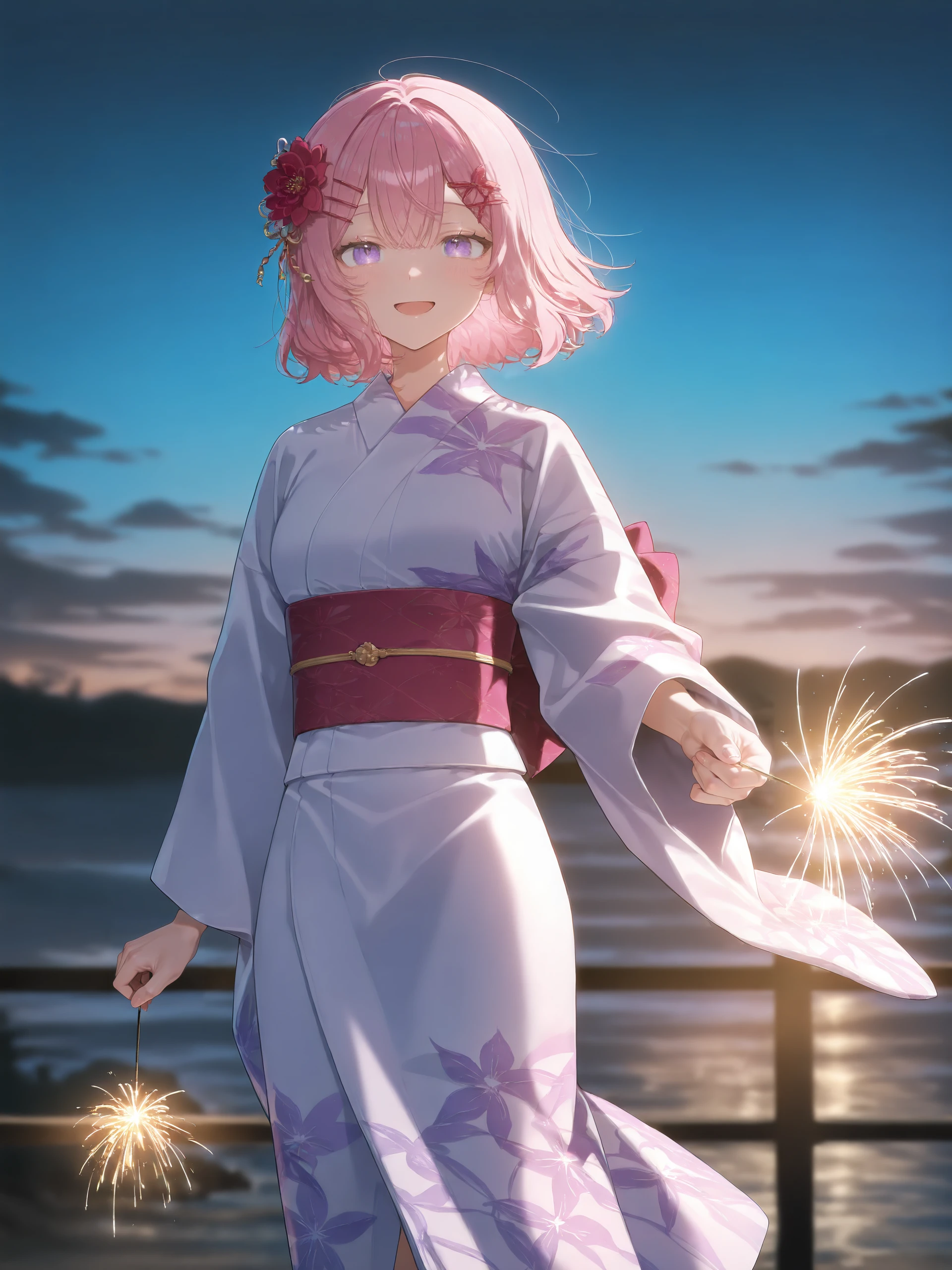 1girl, amaori renako, solo, purple eyes, kimono, hair flower, obi, sash, tabi, standing, cowboy shot, holding fireworks, smile, open mouth, night, outdoors, blurry background , <lora:Char-Amaori_Renako-V1-IL:0.9>
masterpiece,best quality, amazing quality, very aesthetic, absurdres, newest, illustration, ray tracing