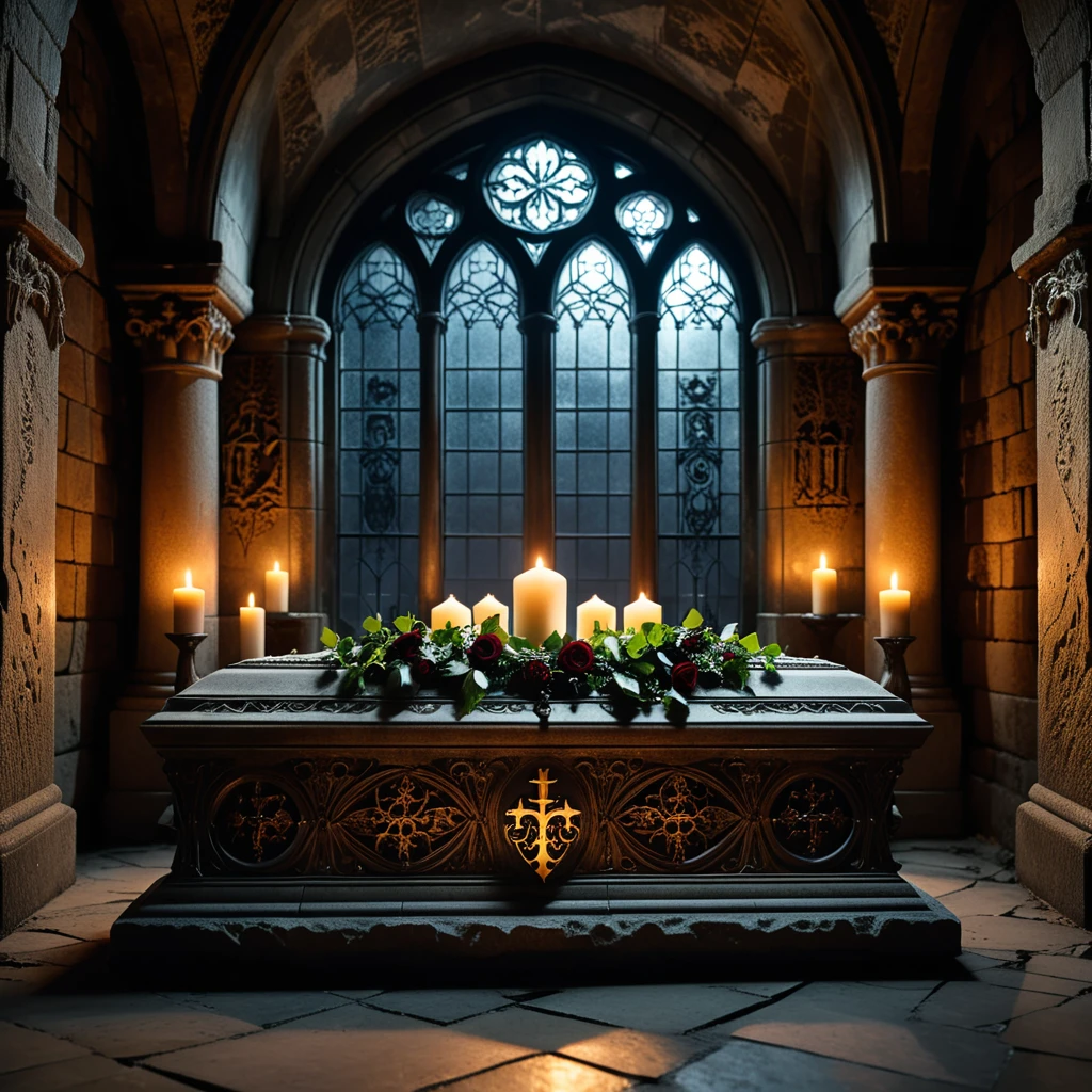 horror-themed A dramatic and atmospheric photograph of the interior of an ancient crypt, dimly lit by flickering candlelight. The crypt features old, cracked stone walls covered in moss and ivy, with intricate carvings and Gothic details etched into the stone. At the center of the crypt lies an ornate vampire coffin, made of dark, polished wood with silver and gold inlays, adorned with ancient symbols and intricate Gothic patterns. The coffin is slightly ajar, revealing a glimpse of red velvet lining. Surrounding the coffin are scattered bones, dusty cobwebs, and antique candelabras with melting candles, casting eerie shadows across the crypt. The mood is dark, mysterious, and hauntingly beautiful, with subtle rays of pale moonlight filtering through a small, broken stained-glass window.
<lora:SDXLFaeTastic2400:0.4> <lora:extremely_detailed:0.4> extremely detailed,, eerie, unsettling, dark, spooky, suspenseful, grim, highly detailed, Masterpiece,best quality,hi res,8k,hi res,8k,award winning,(sharp focus, intricate, highly detailed),