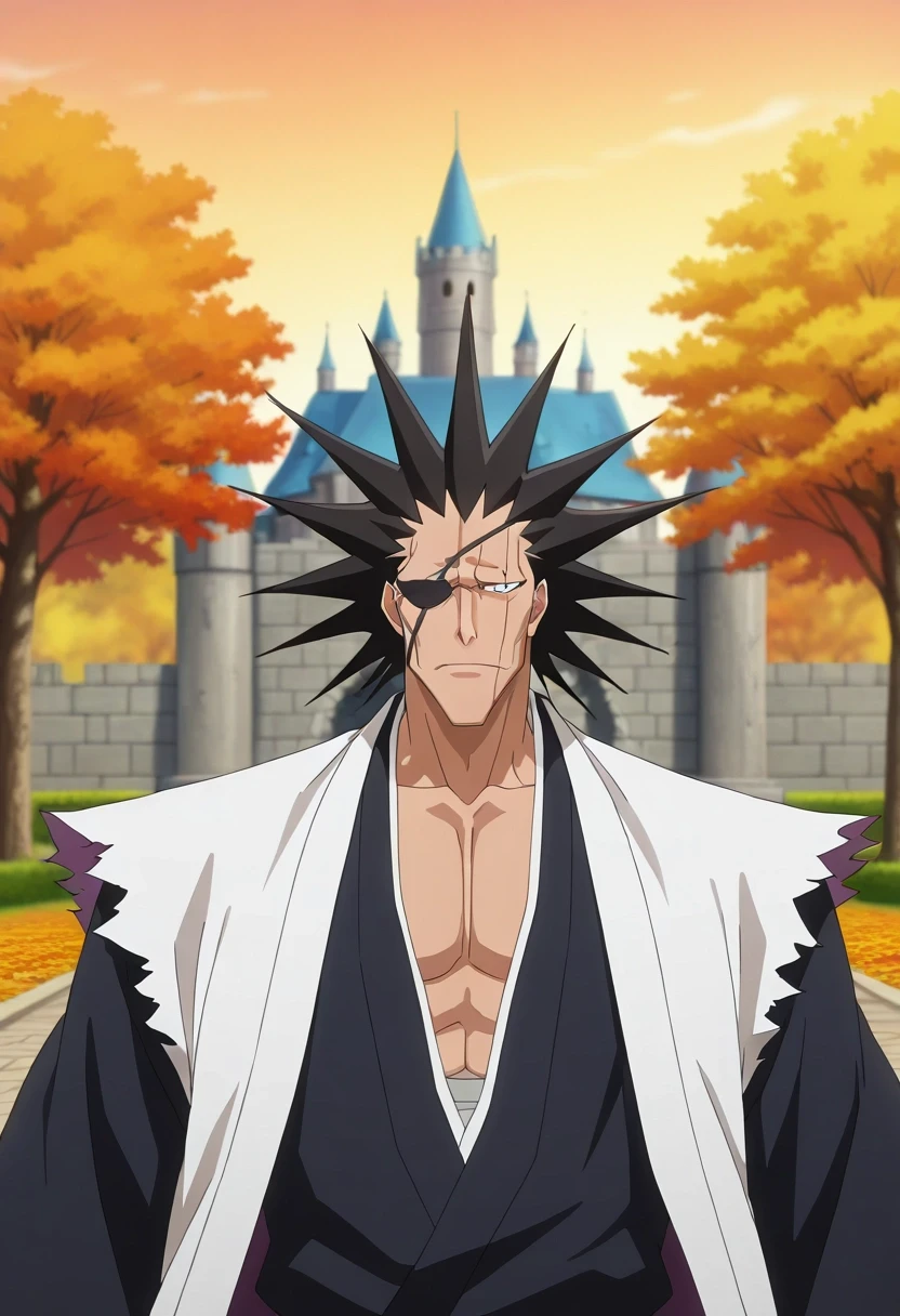 masterpiece, best quality, intricate details, anime screencap, anime coloring, official style, , depth of field, 1boy, solo, male focus, <lora:kenpachi_zaraki_ilxl:0.94>, kenpachi_zaraki, black hair, black eyes, spiked hair, , , , autumn castle, maple courts, leaf gardens, stone towers, noble pose, dignified expression, golden hour, chinos, cloche hat