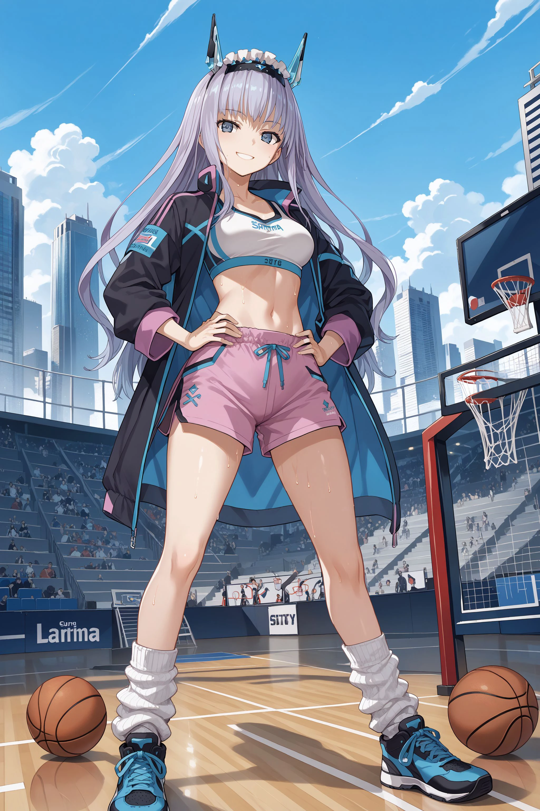 score_max, (score_9, score_8_up, score_7_up:1.0), score_6_up, official art,
, masterpiece, absurdres, high detail, 8k,
city, basketball coat, basketball goal, chain-link fence, blue sky, skyscraper, cowboy shot,
standing, legs apart, leaning to the side, hands on hips, smile, sweat,
ddpmaria, headgear, headdress, cropped jacket, sport bra, navel, short shorts, loose socks, sneakers,
<lora:XL_Pony_gomaotsu-maria-t2:0.9>