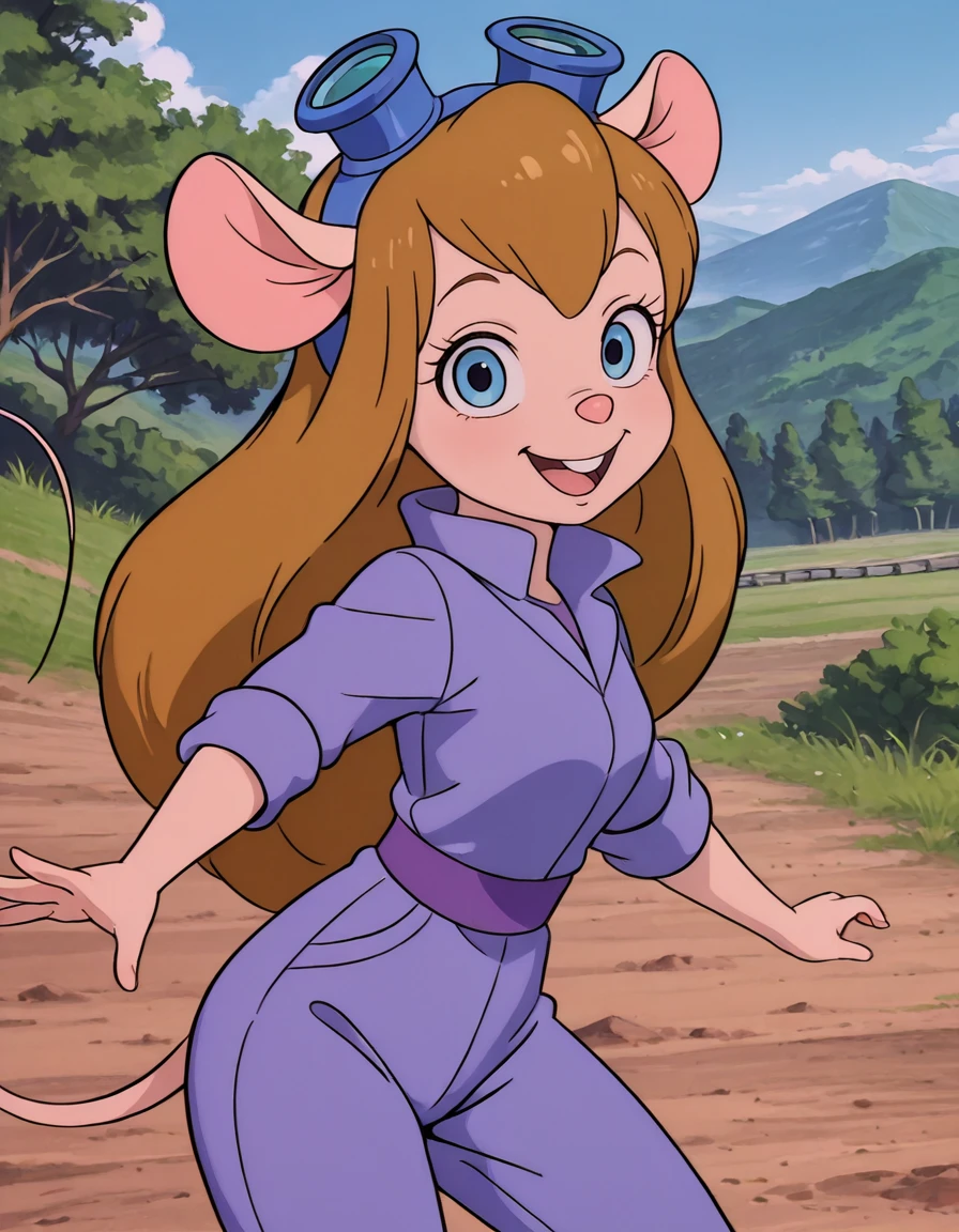<lora:GadgetIllustrious1.0JLFO:0.9> gadgethw, 1girl, mouse ears, mouse girl, long hair, furry, furry female, solo, mouse tail, blue eyes, brown hair, bangs, buck teeth,smile,open mouth,outdoors, goggles on head, purple jumpsuit, looking at viewer, cowboy shot