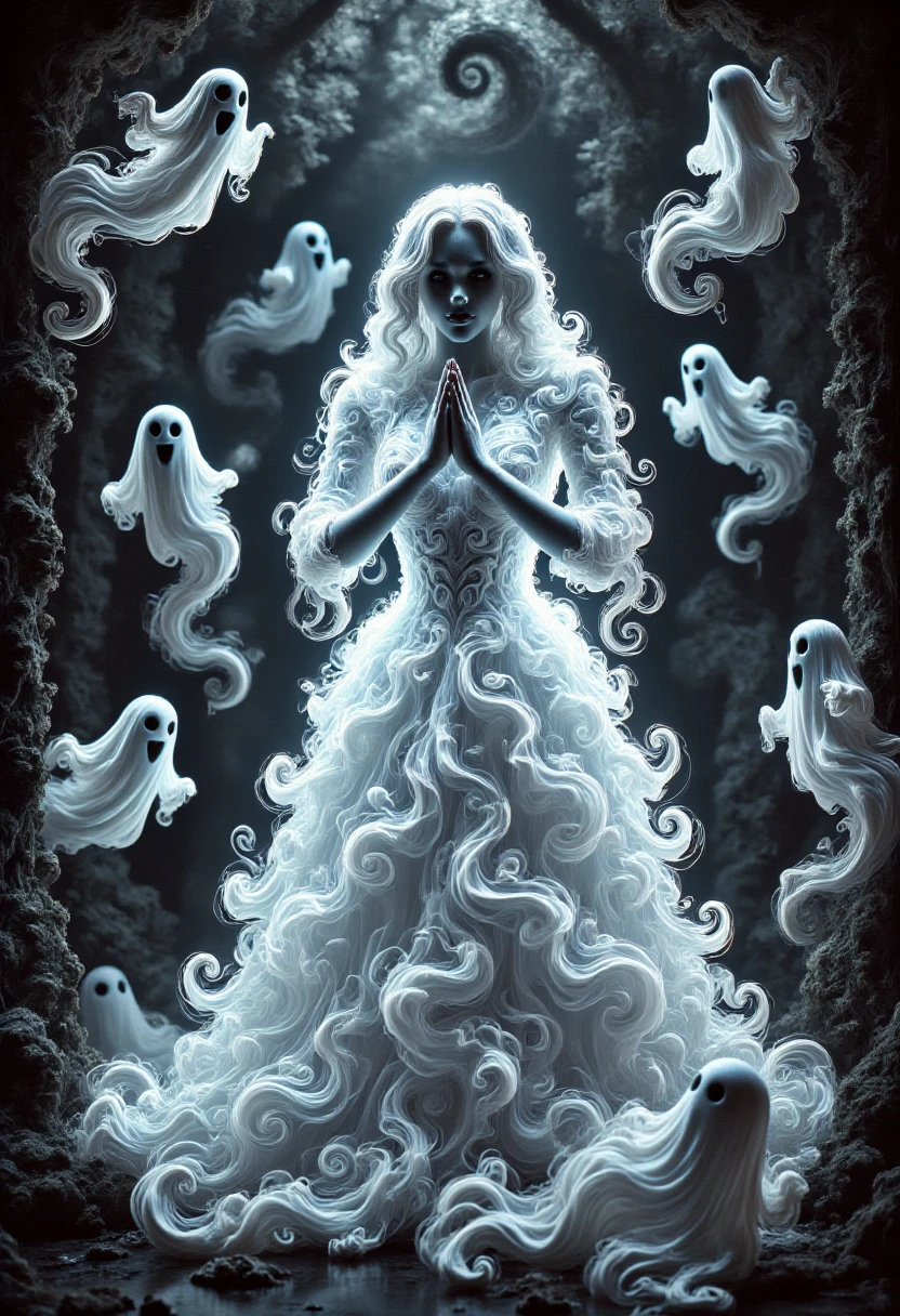 aidmafluxpro1.1, 
A pale woman is wearing a glowing dress made of ghosts. she has a pale skin, detailed blue eyes and red lipstick. She's praying to the idol of a dark cult. The scene is set in a dark twisted forest where swirly ghosts are flying around here.
masterpiece, best quality