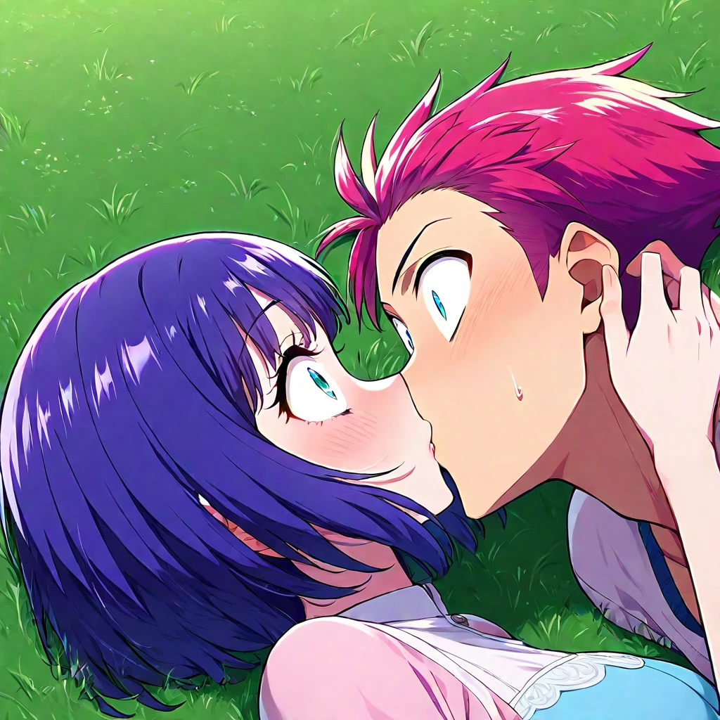 accidental kiss, hetero, 1boy, 1girl, on grass, random hair color, on back, wide-eyed, surprised, eye contact, best quality, masterpiece