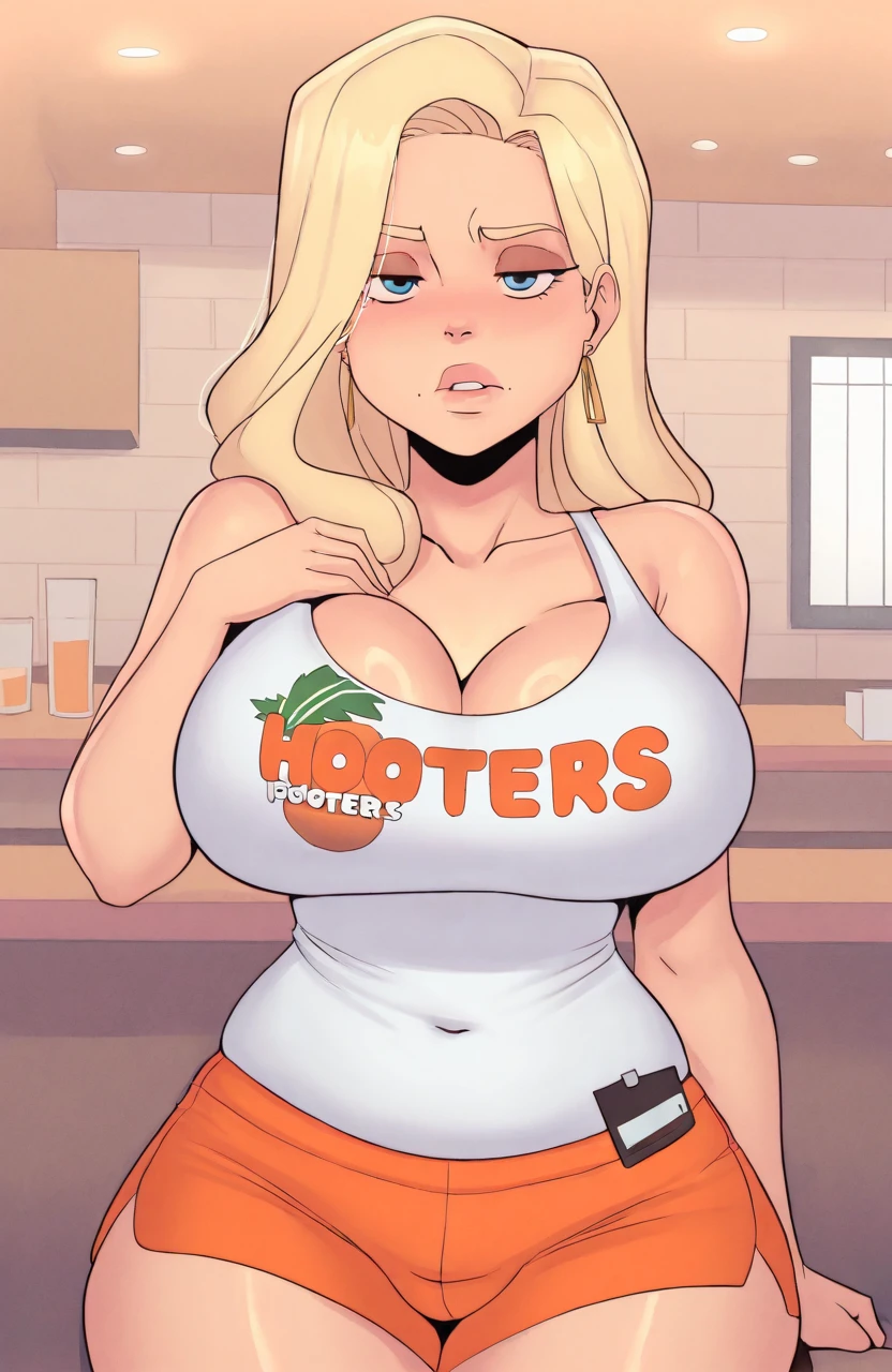 2heads, a short chubby woman with 2 heads. She has enormous breasts. She is wearing a red plaid flannel shirt and jeans. She is wearing a trucker's hat. She is in a big truck. She has blonde hair in a ponytail. She has gigantic breasts. She is blushing. She is smiling wide. She is excited to have gigantic breasts.