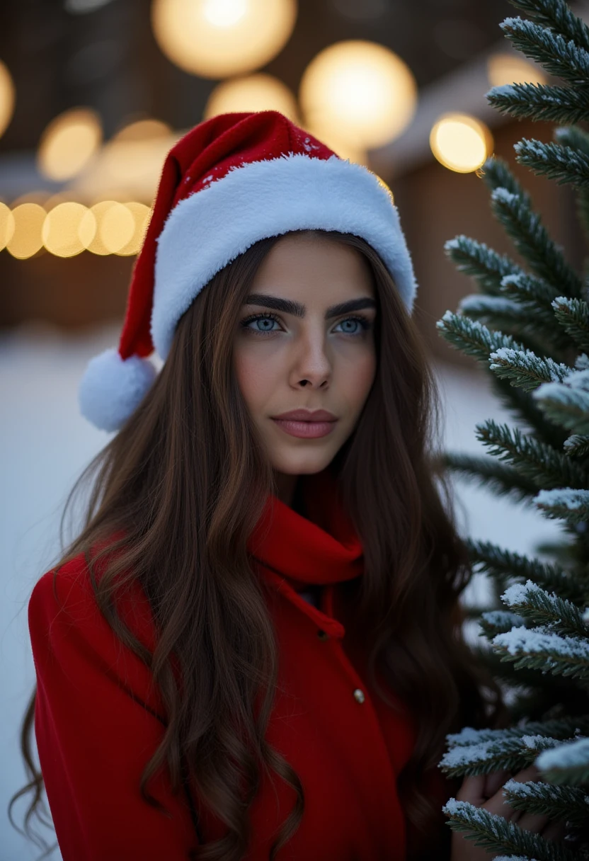 This is a photograph of a young woman with fair skin and long, wavy, brown hair, which cascades over her shoulders. She is wearing a festive red Santa hat with a white trim and a fluffy pom-pom at the tip, adding a touch of holiday cheer. Her expression is serene and contemplative as she gazes slightly to her right, her blue eyes shining softly in the dim, wintry light. The woman is dressed in a red coat, also with a white trim, and a matching red scarf wrapped around her neck, enhancing the festive theme. 

The background is a blurred, out-of-focus scene of a snowy, wooded area, with large, round, bokeh-effect lights creating a warm, glowing effect. These lights are likely part of holiday decorations, contributing to the cozy, festive atmosphere. To the right, there is a partially visible evergreen tree, also dusted with snow, adding to the wintry setting. The overall color palette is dominated by warm reds, whites, and soft blues, with the contrasting cool tones of the snow and the warm lights providing a striking visual contrast. The texture of the snow is soft and fluffy, adding to the cozy, holiday feel of the image. 0L1V31R4